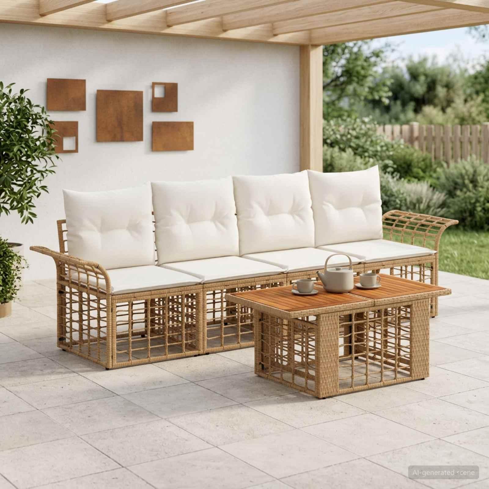 Havesofa sæt 5 stk. i polyrattan med bordplade i akacietræ - naturlig og cremehvid