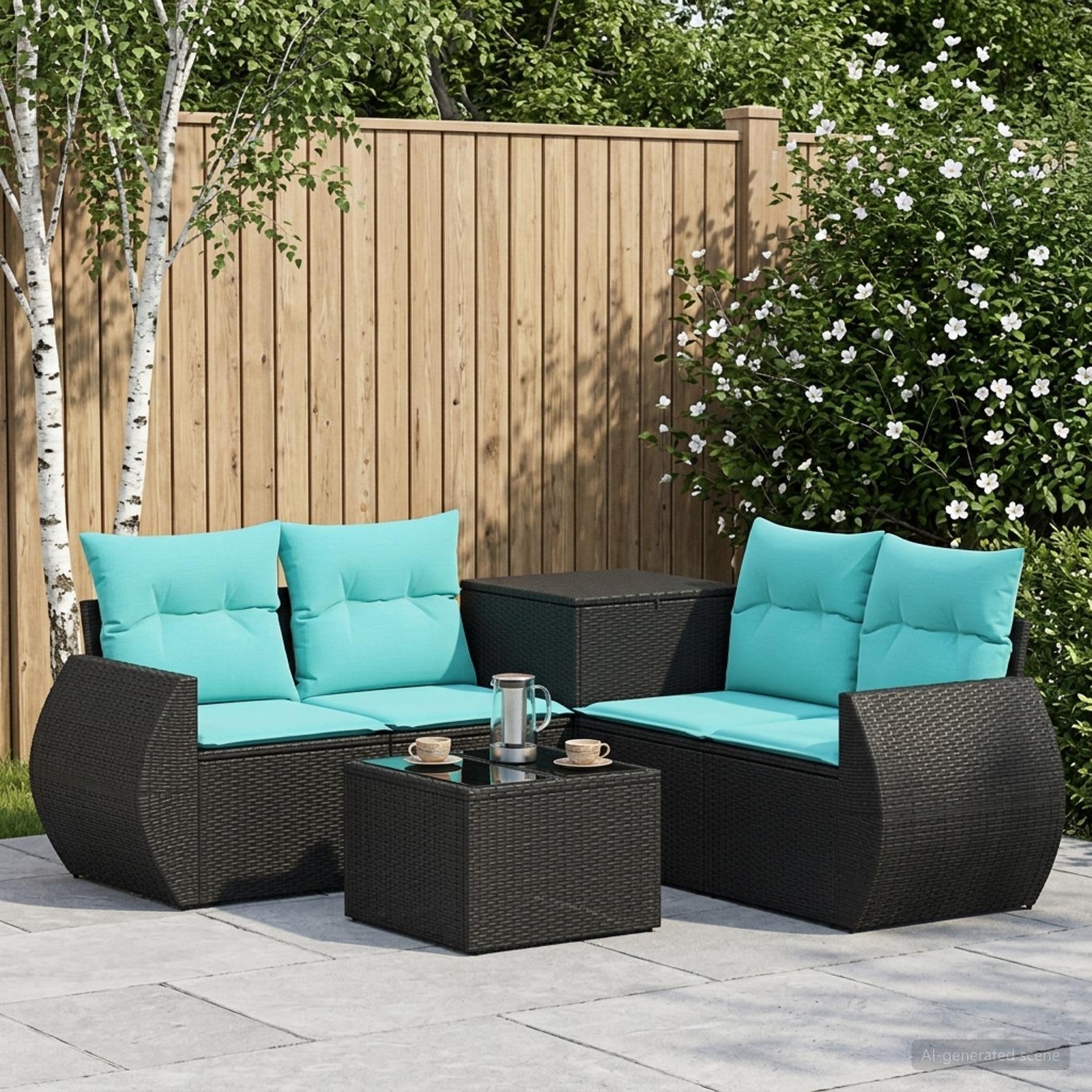 vidaXL Sofa Sæt 6 stk. Sort og Blå Poly Rattan og Stål