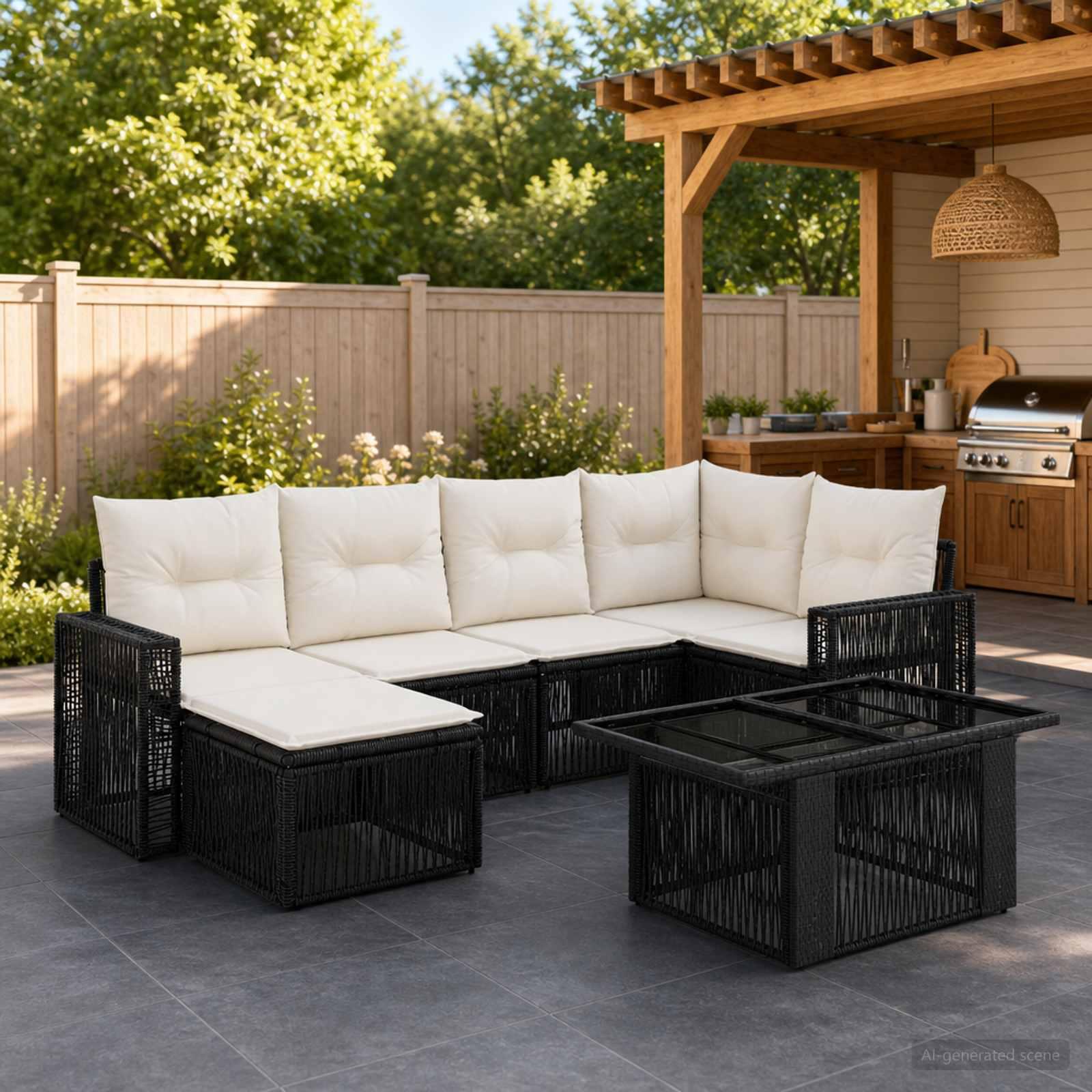 vidaXL Havesofa Sæt 7 stk. Sort og Cremehvid polyrattan