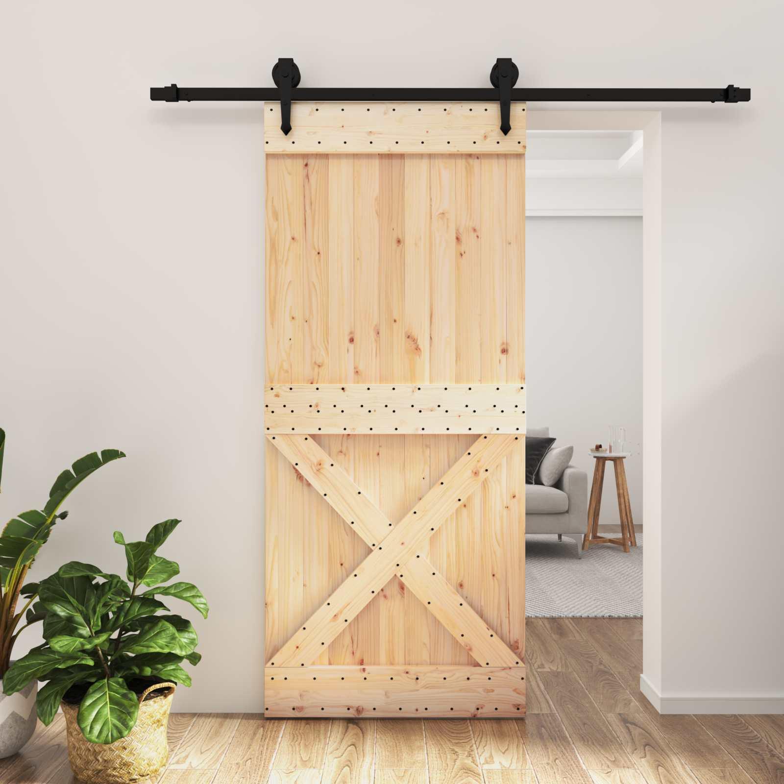 vidaXL Skydedør Naturfarvet og sort 90 x 210 cm Massivt Fyrretræ