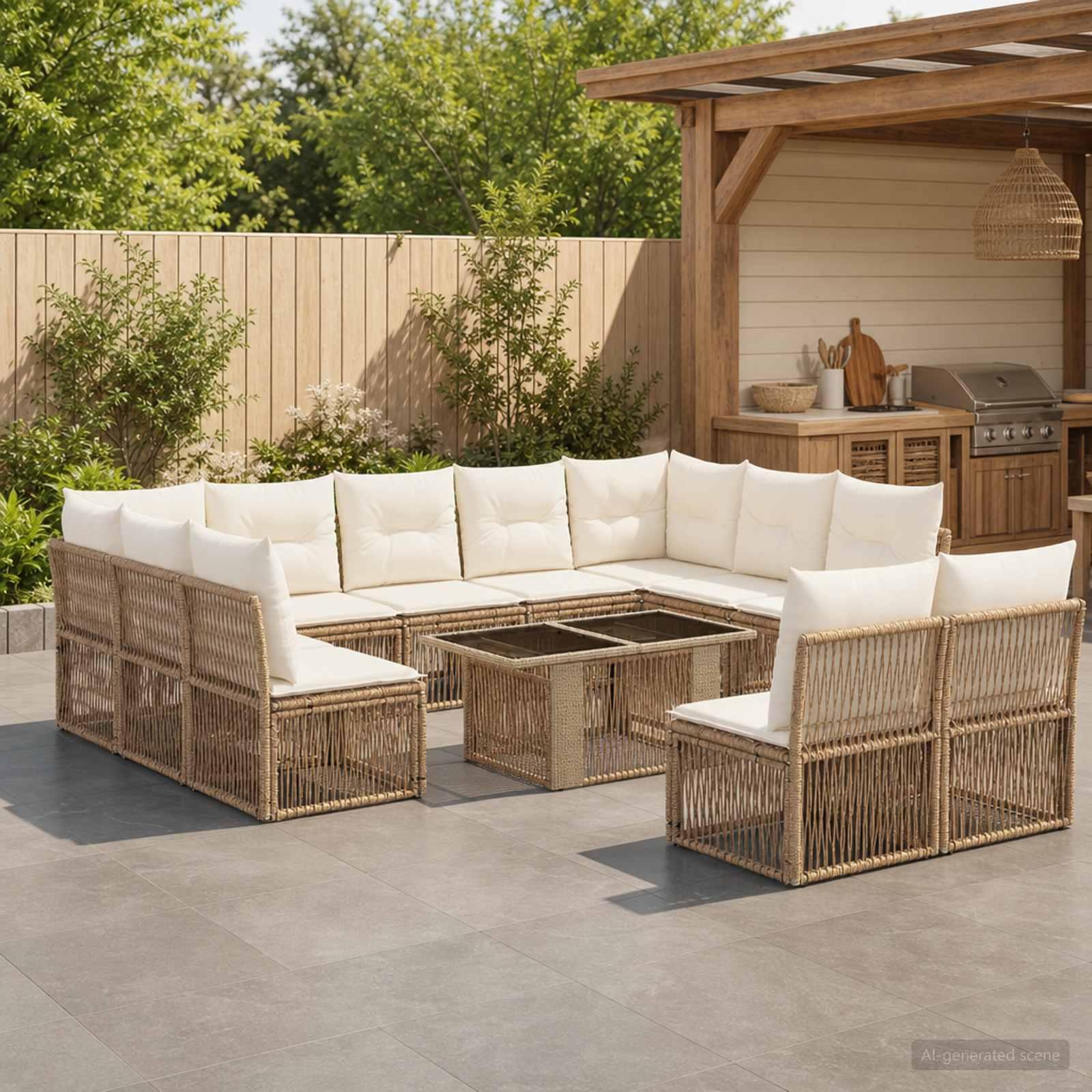 Havesofa sæt 12 dele i beige polyrattan med justerbart bord
