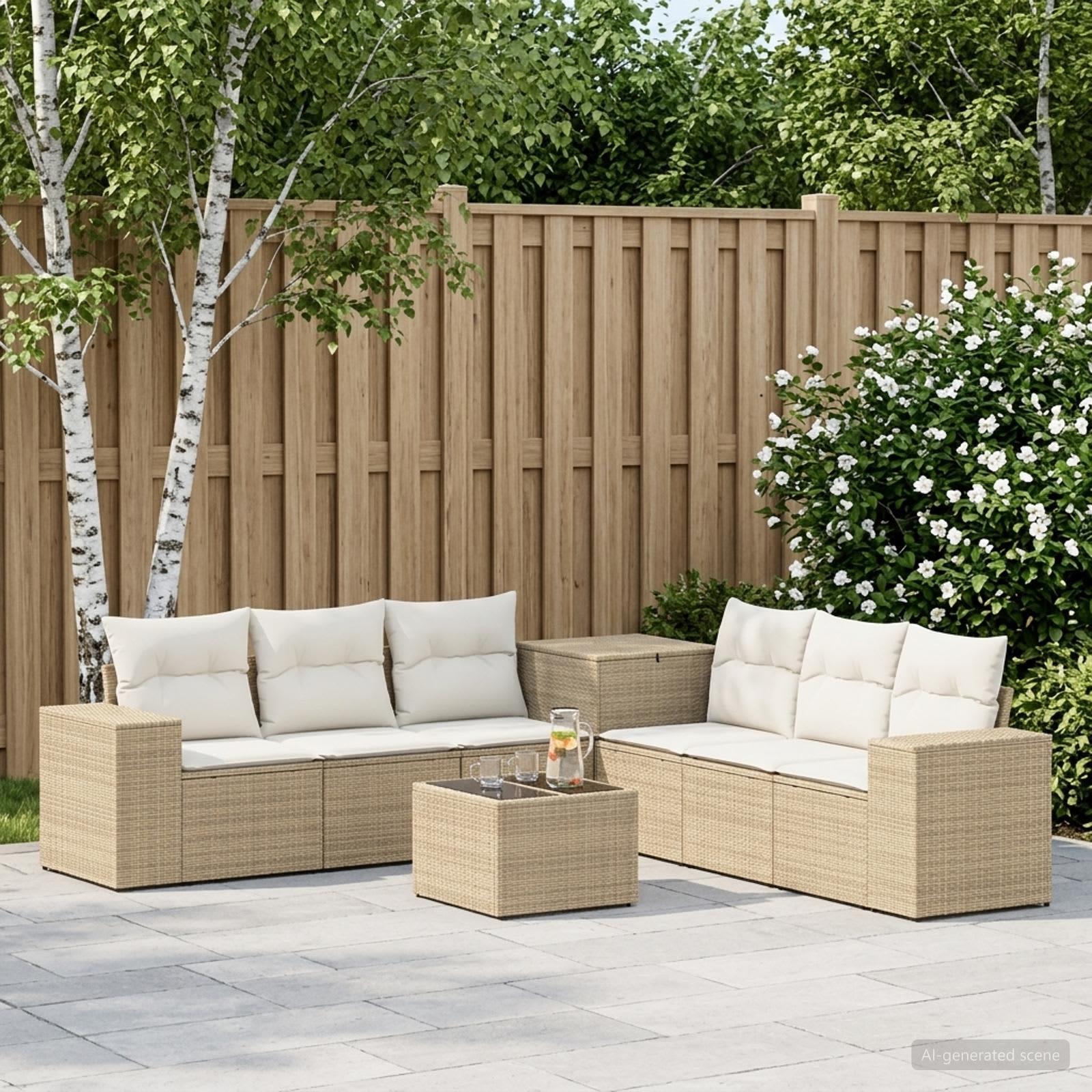 Sofasæt i poly rattan 8 dele beige og cremehvid