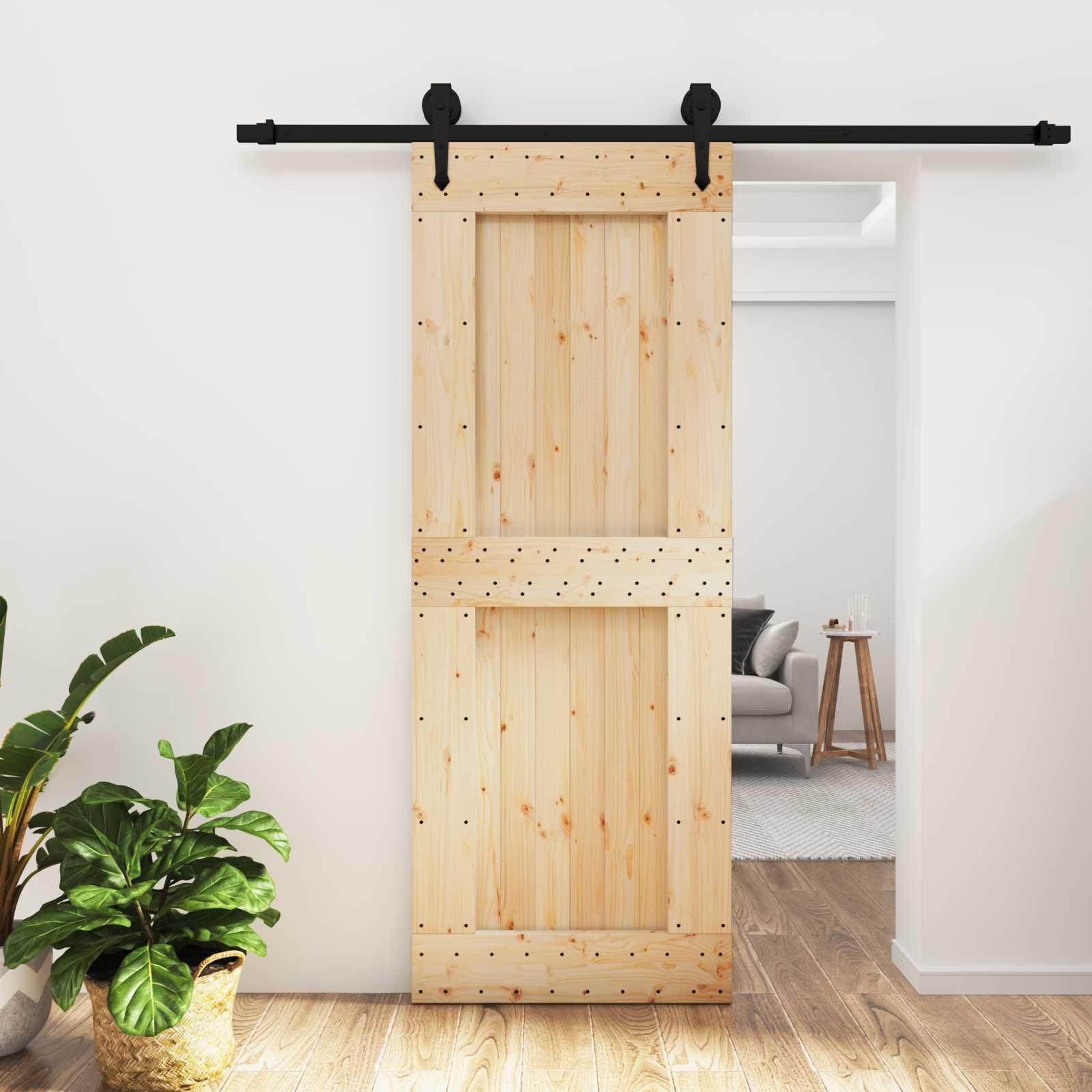 Skydedør i massivt fyrretræ naturfarvet og sort 80 x 210 cm