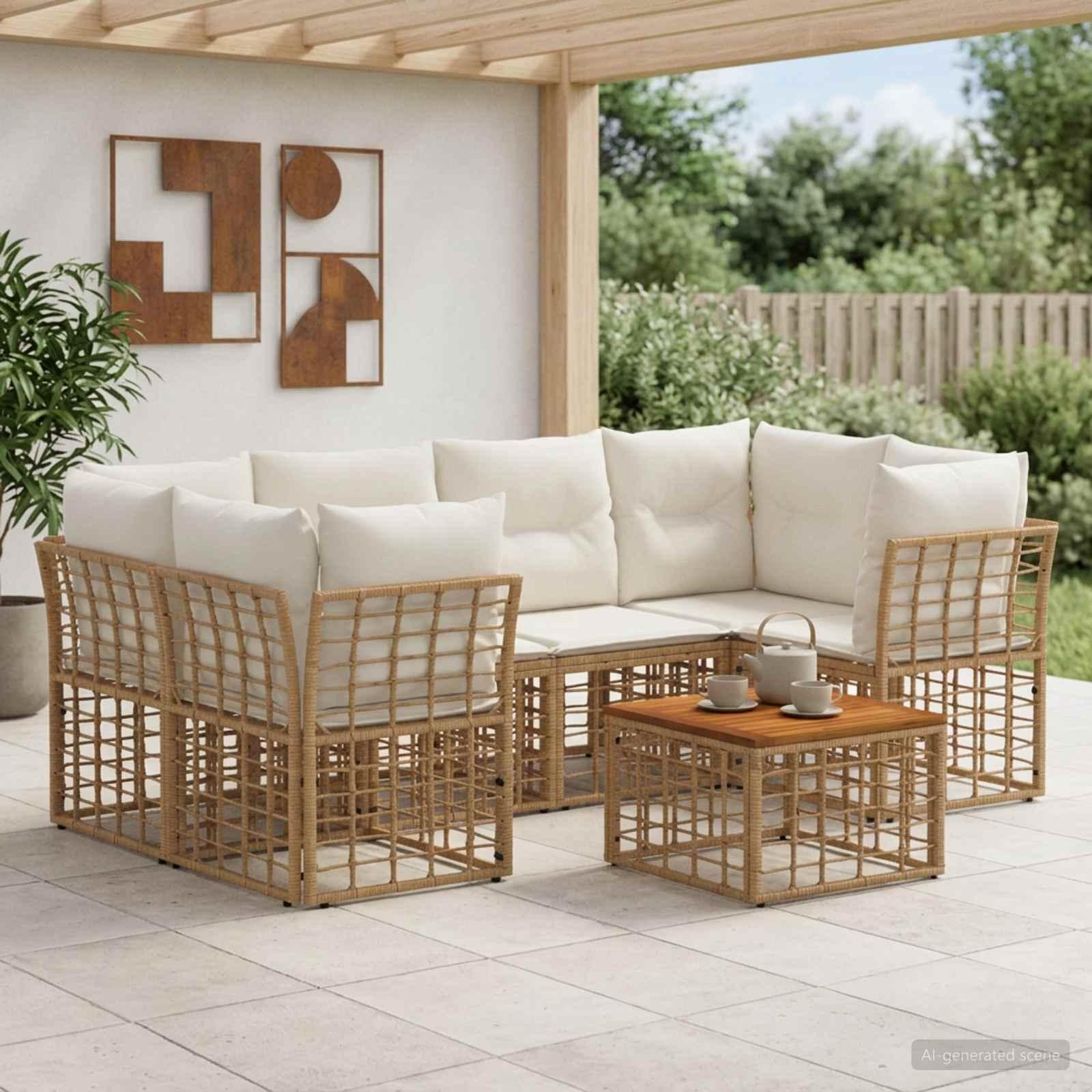 Udendørs sofagruppe 7 stk. i polyrattan - naturlig og creme hvid