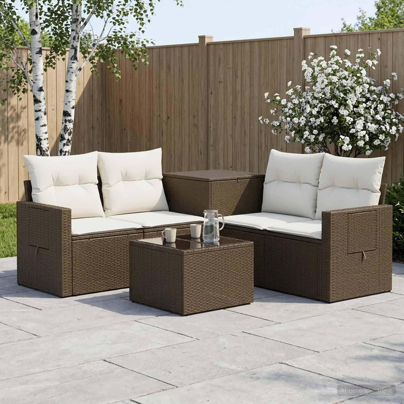 Sofa sæt 6 stk. til have i brun og creme hvid poly rattan og stål