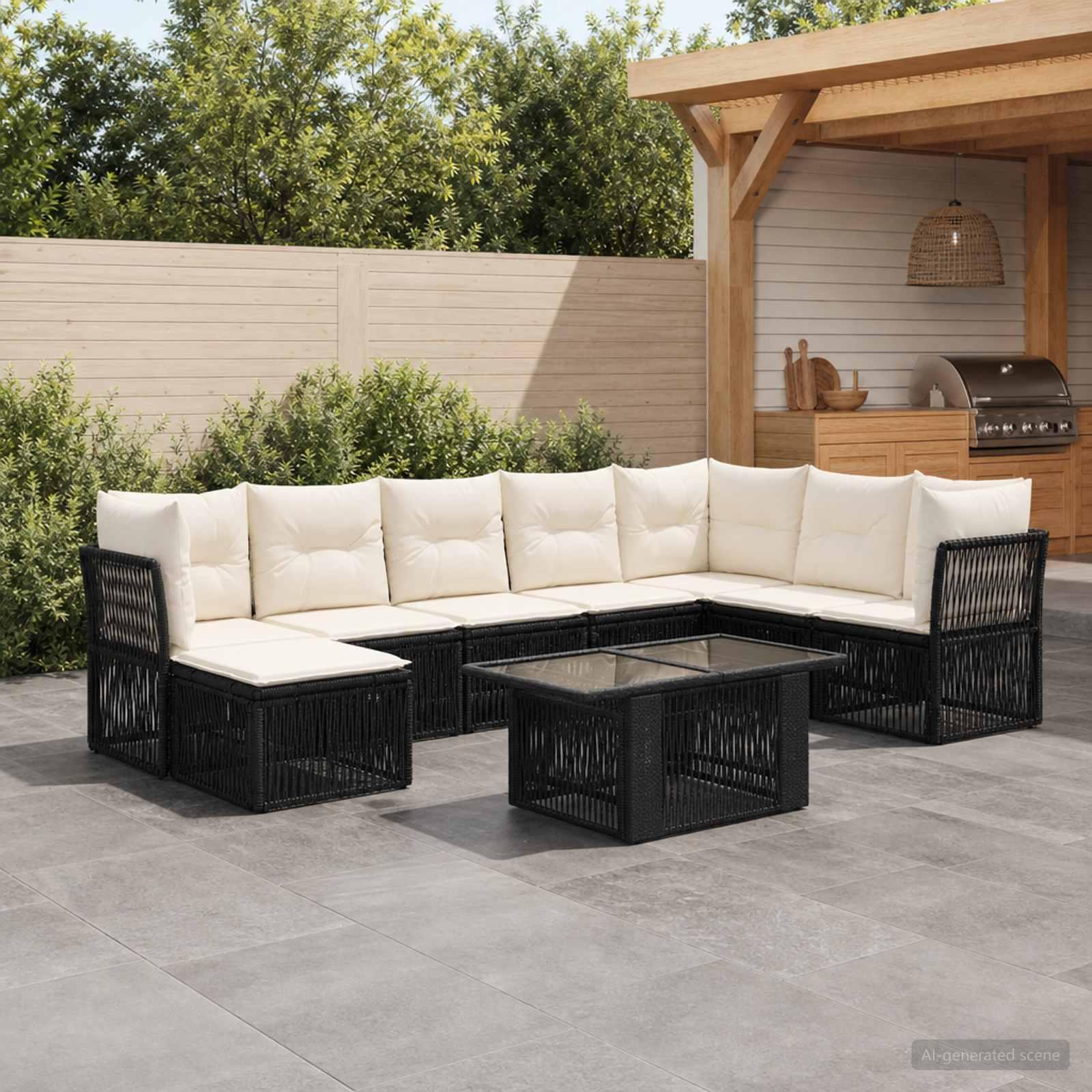 Havesofa sæt 9 dele i sort polyrattan med bord