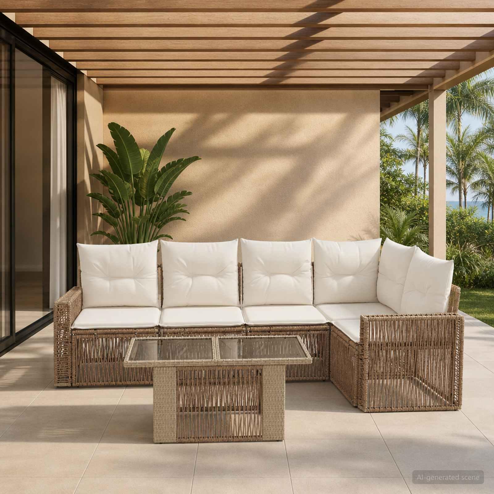Havesofa sæt 6 stk. i polyrattan beige og cremehvid