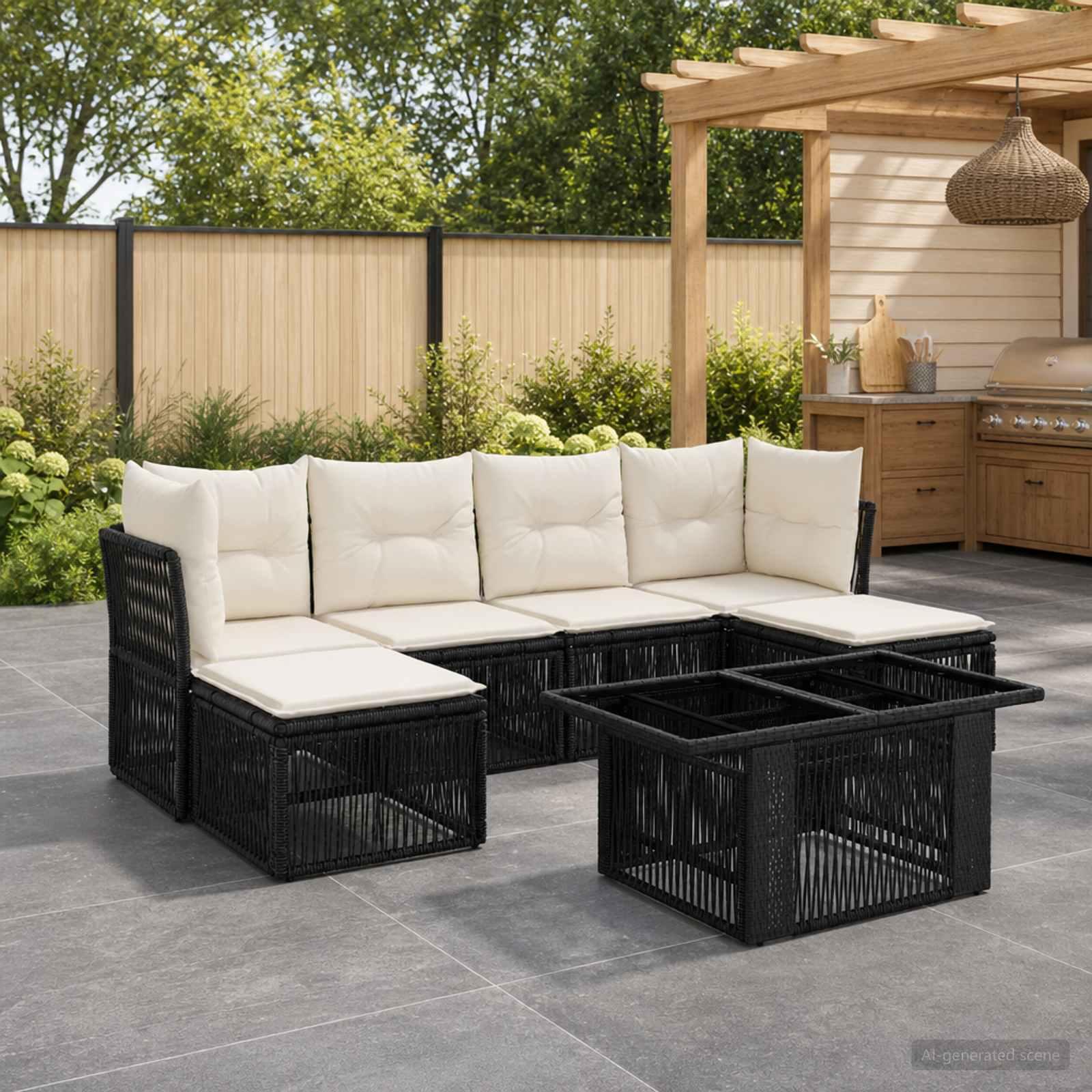 Havesofa sæt 7 stk. i sort polyrattan med bord og hynder
