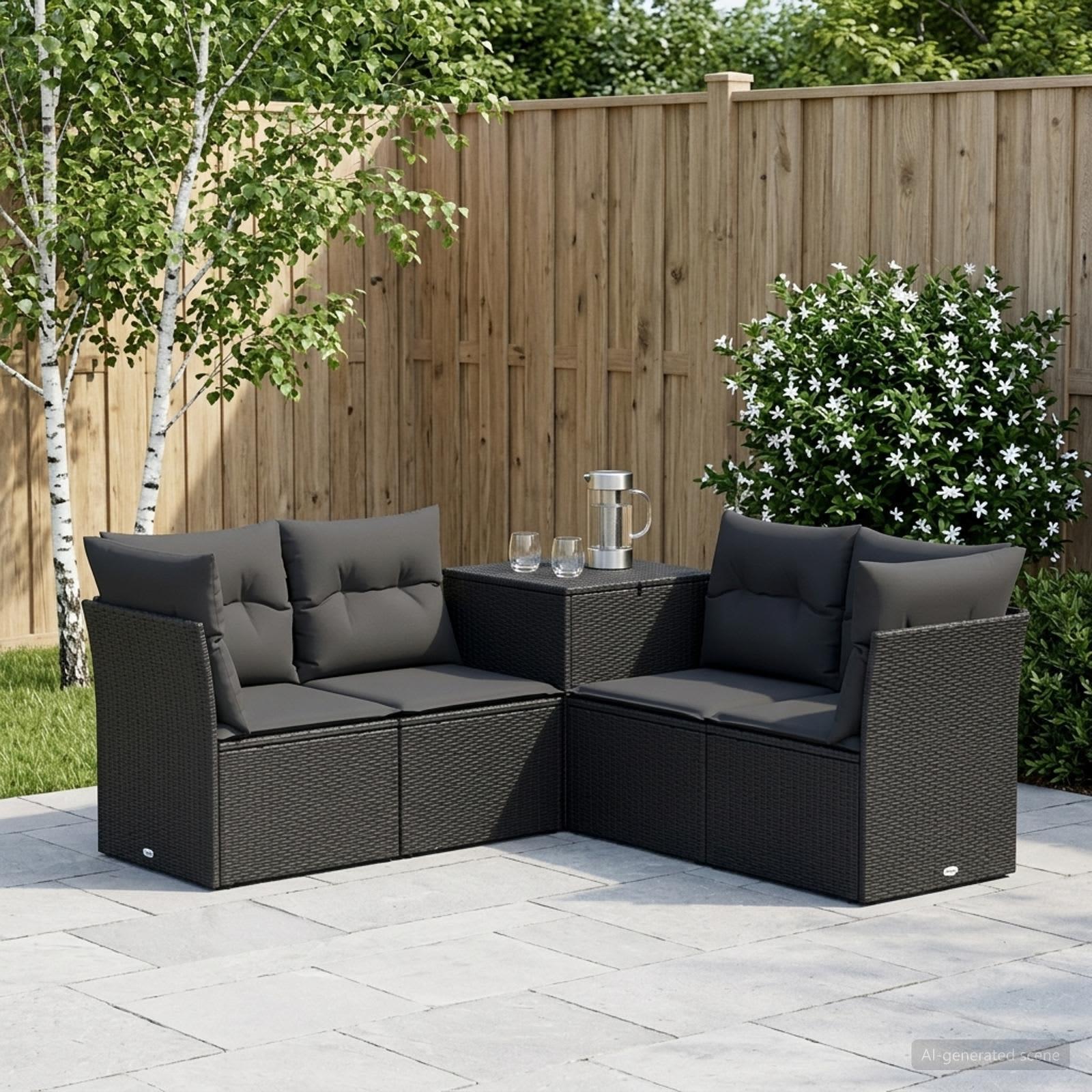 Sofa sæt 5 stk. i sort poly rattan og stål