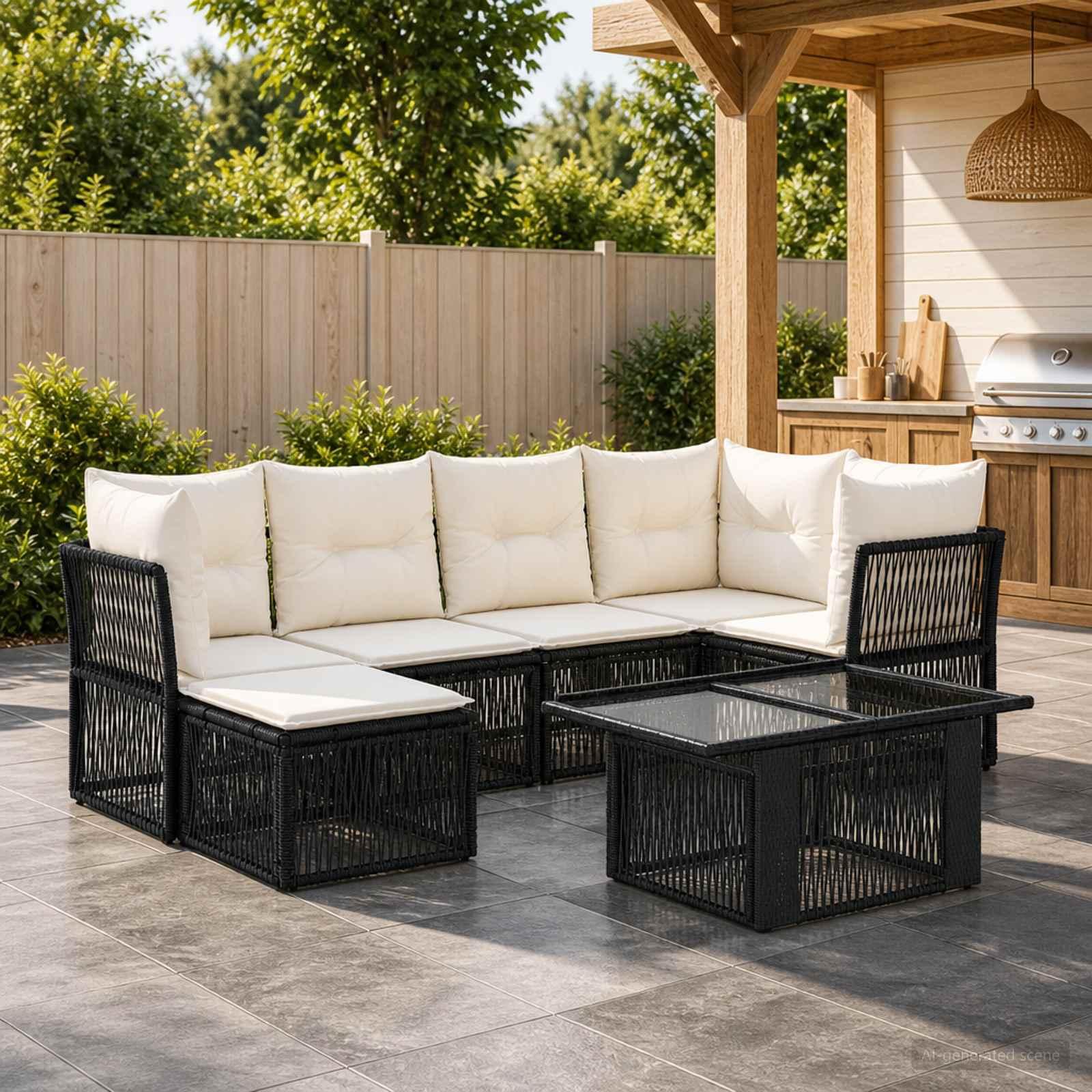 Havesofa sæt 7 stk. i sort polyrattan med puder