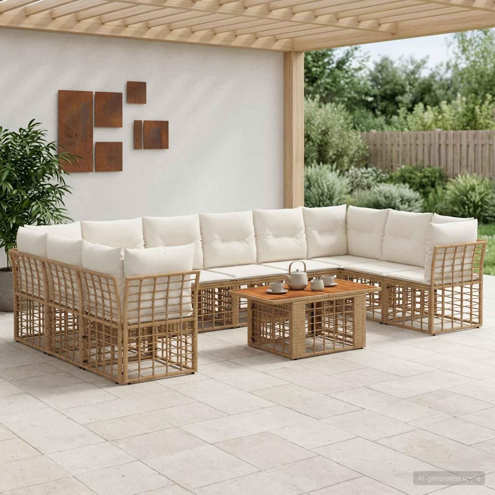 Havesofa sæt 11 dele i polyrattan med bord - naturlig og cremehvid