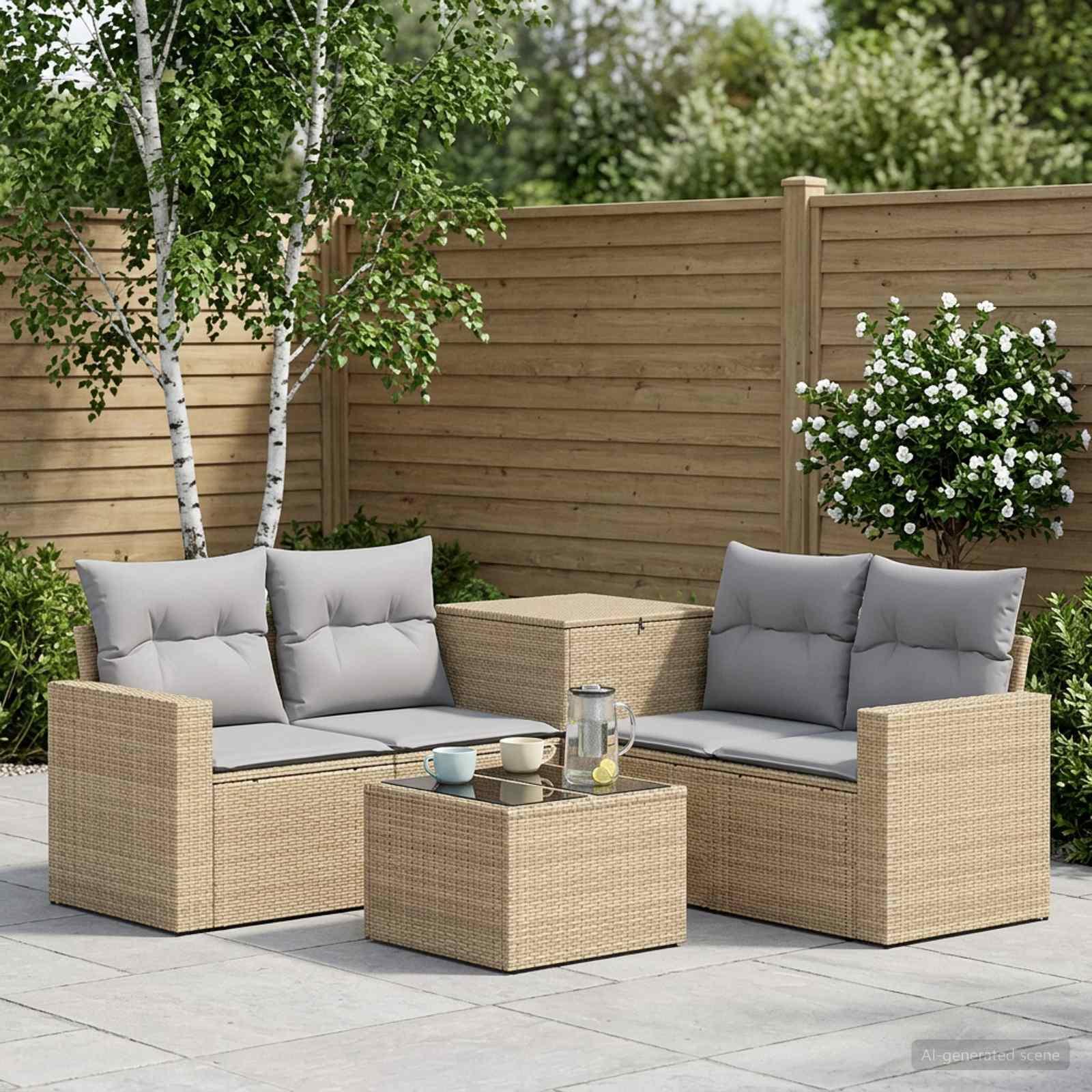 Sofa sæt 6 stk. i beige og lys grå poly rattan og stål