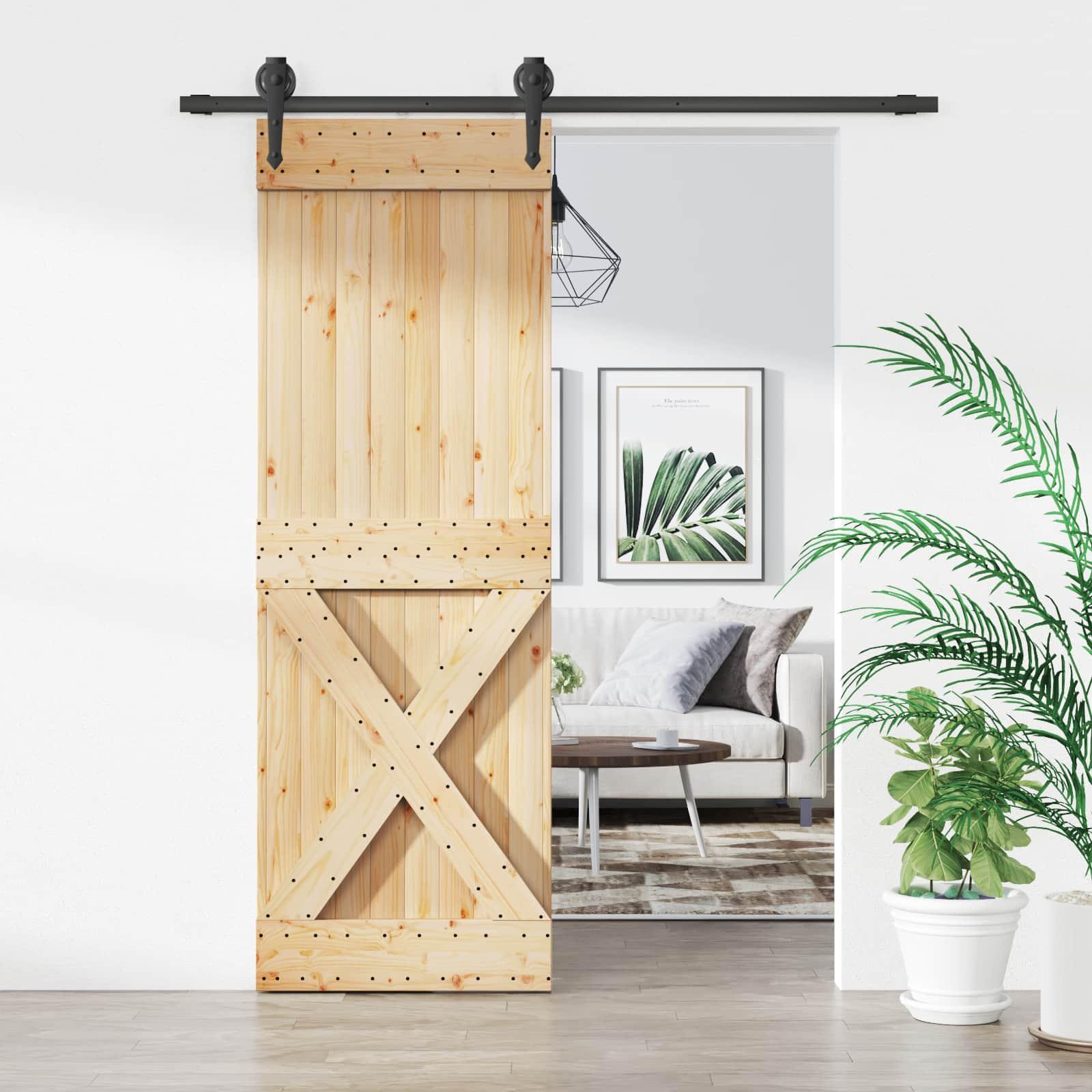 Skydedør naturfarvet og sort 70 x 210 cm i massivt fyrretræ
