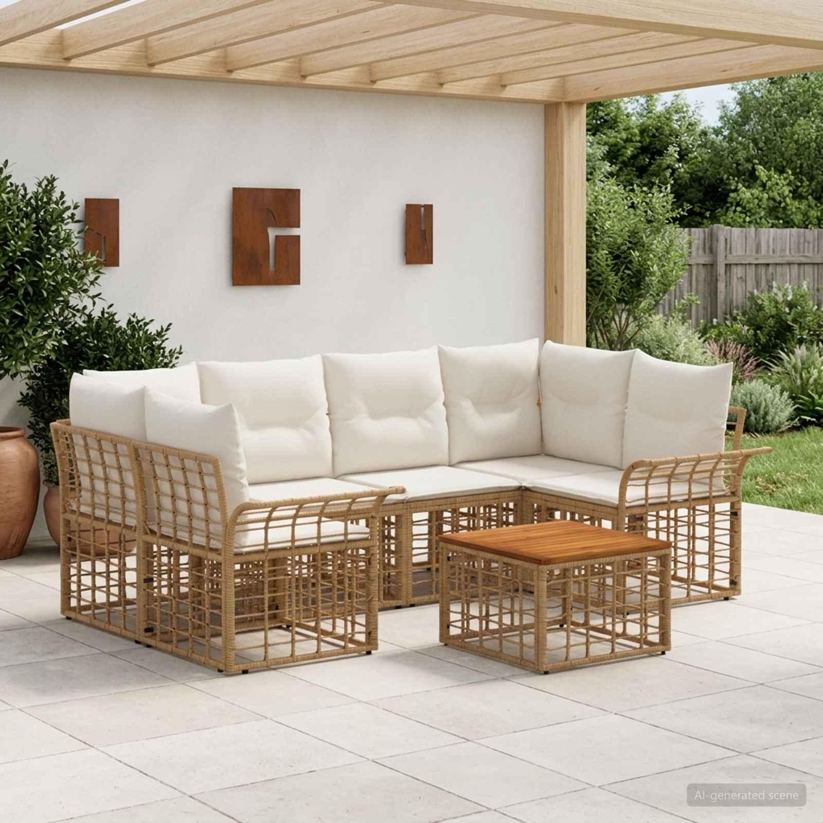 Udendørs sofagruppe 7 dele i polyrattan med bord - naturlig og creme hvid