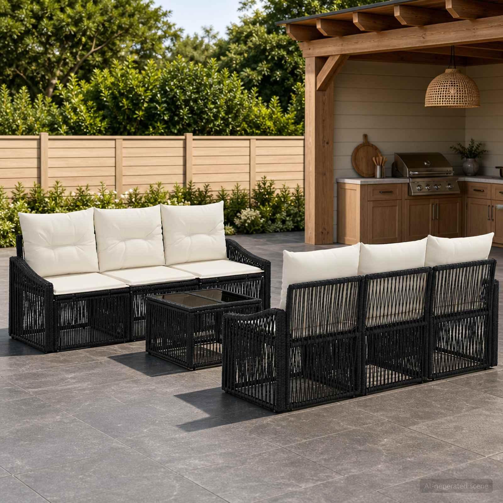 Havesofa sæt 7 stk. i sort polyrattan med puder