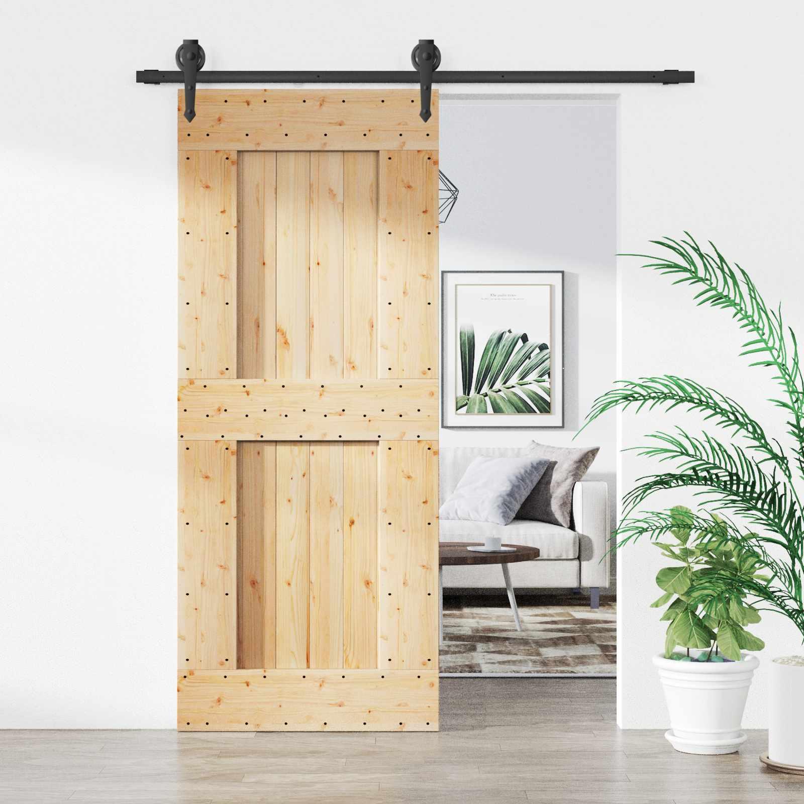 Skydedør i massivt fyrretræ 85 x 210 cm - naturfarvet og sort