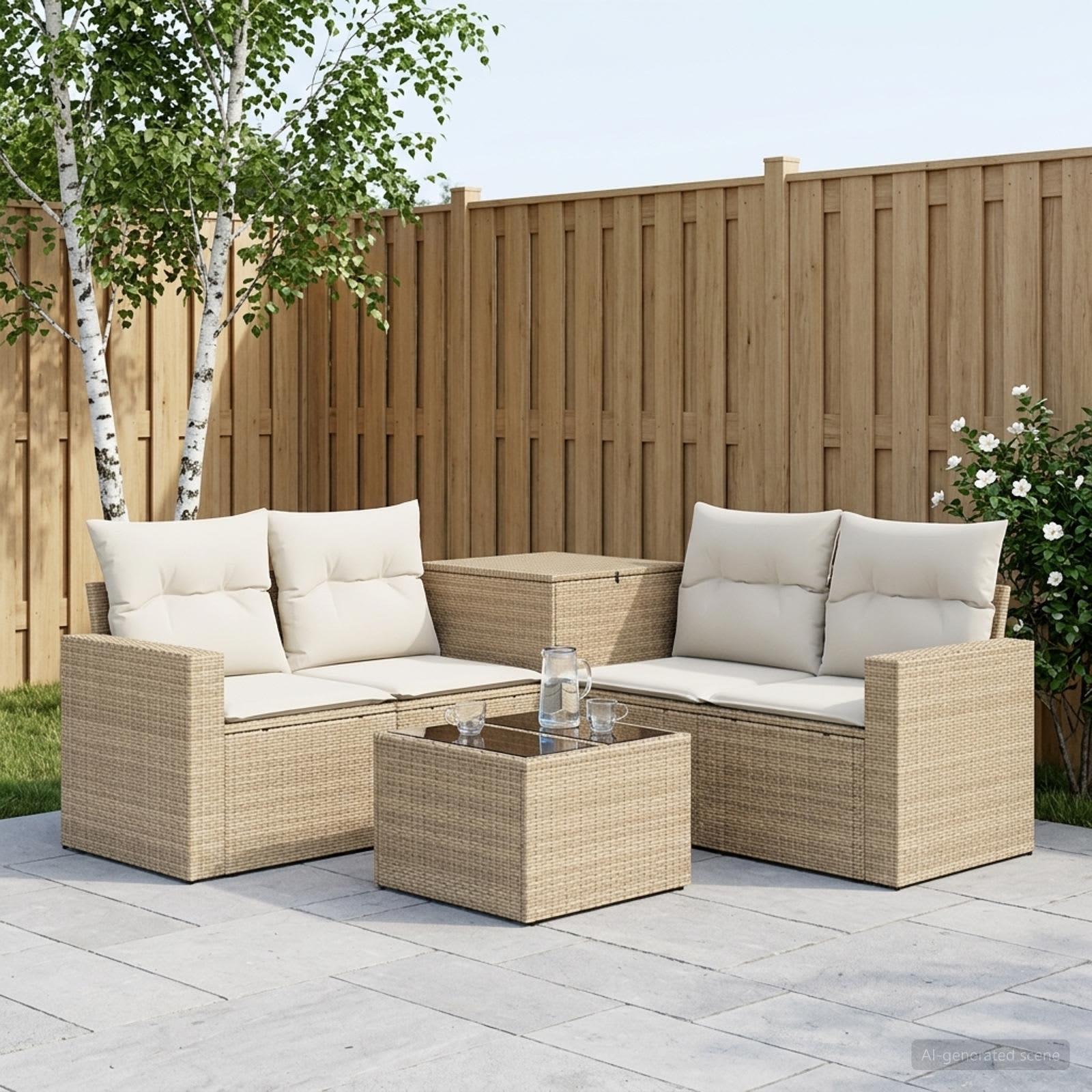 Sofa sæt 6 stk. beige og cremehvid poly rattan og stål