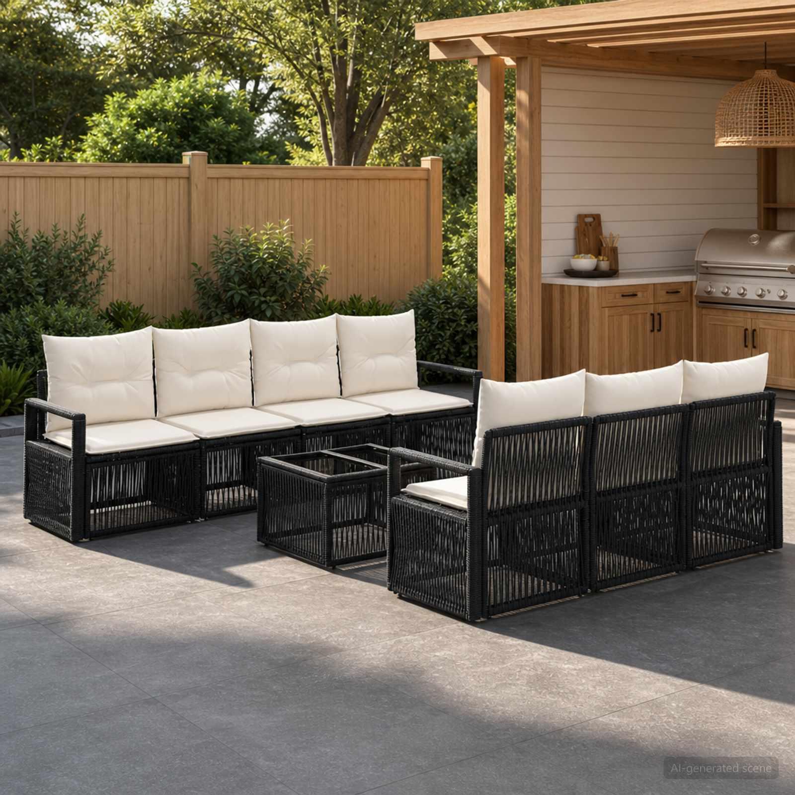 Havesofa sæt 8 stk. i sort polyrattan med bord