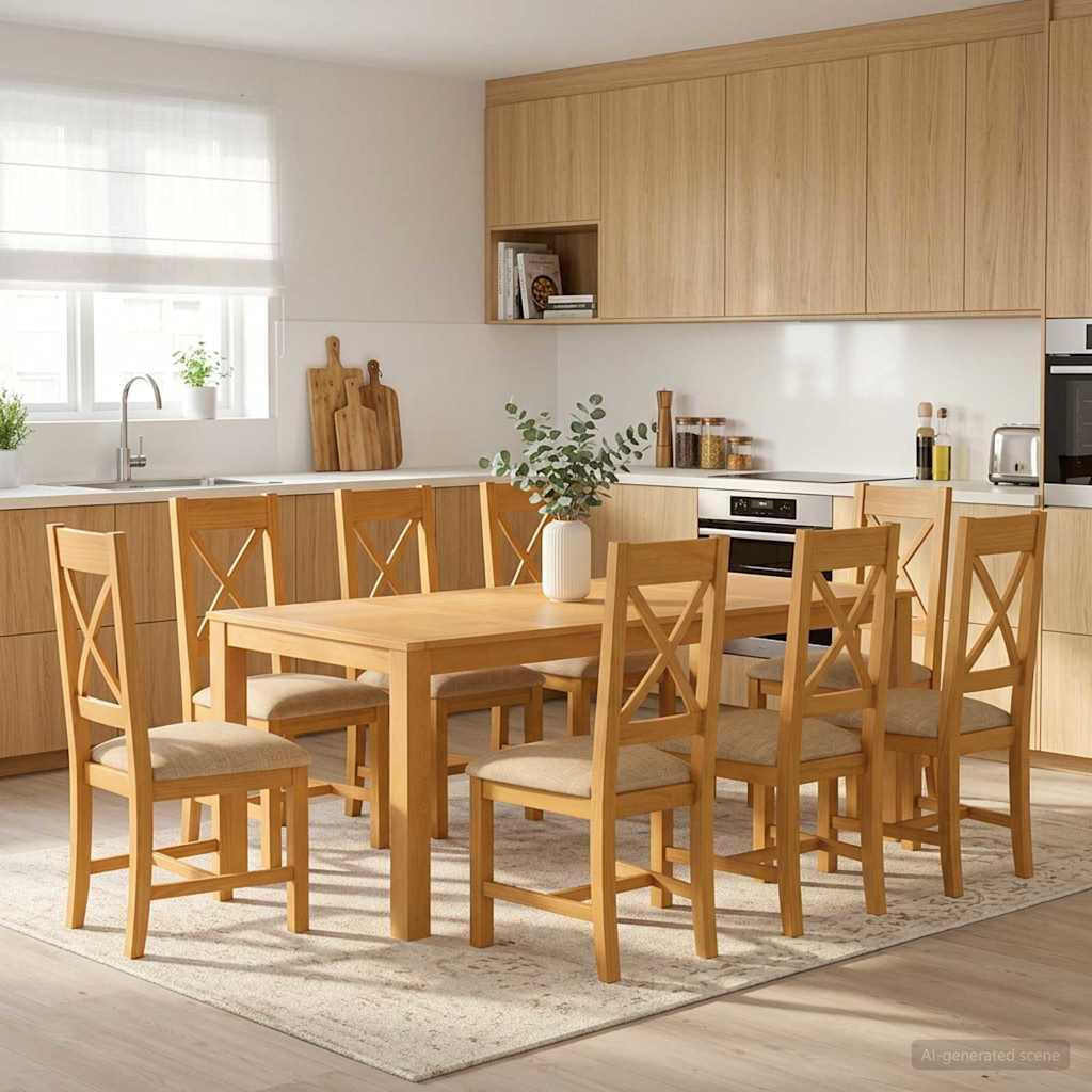 Spisestuesæt 9 stk. i massivt egetræ med beige stole