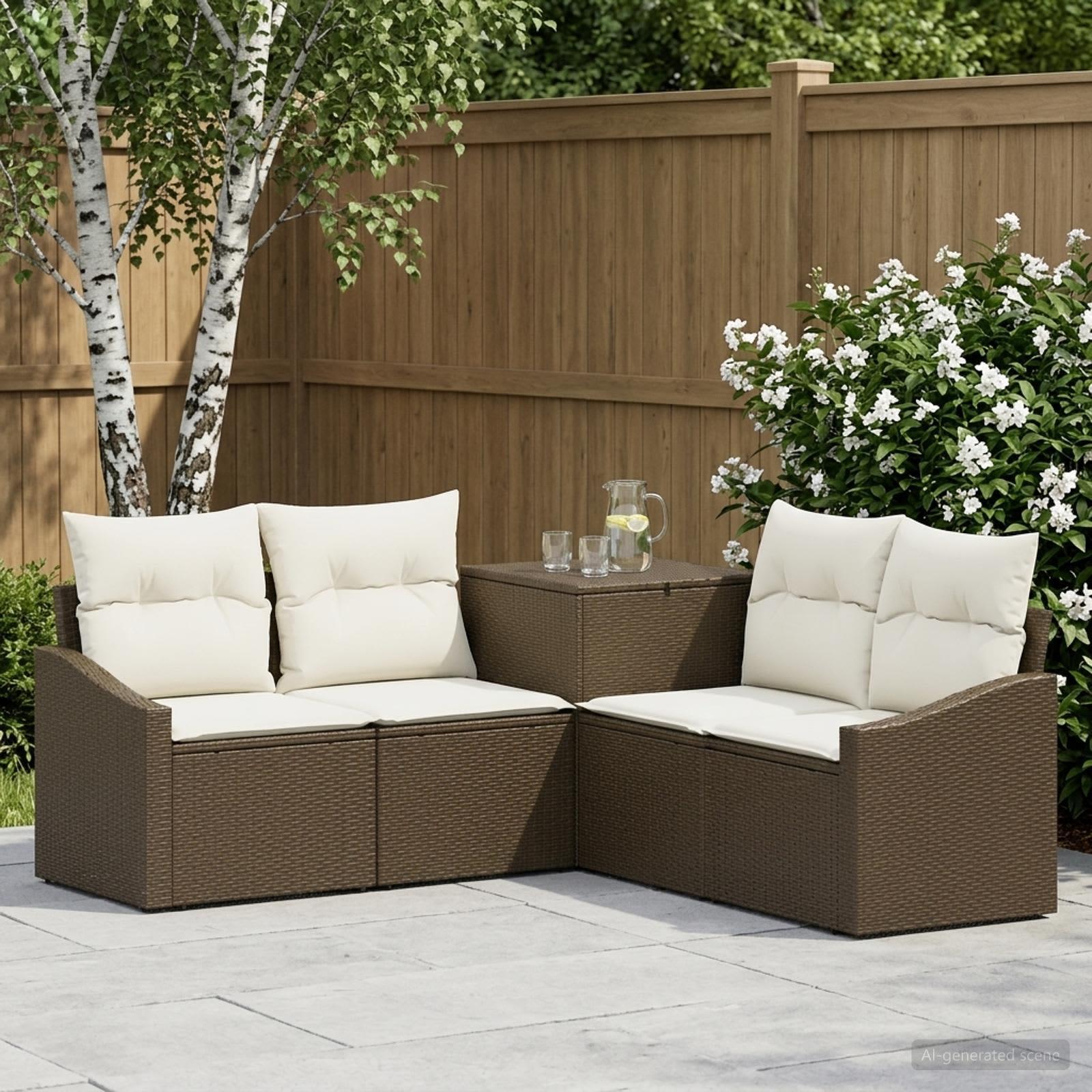 Sofa sæt 5 stk. brun og creme hvid i poly rattan og stål