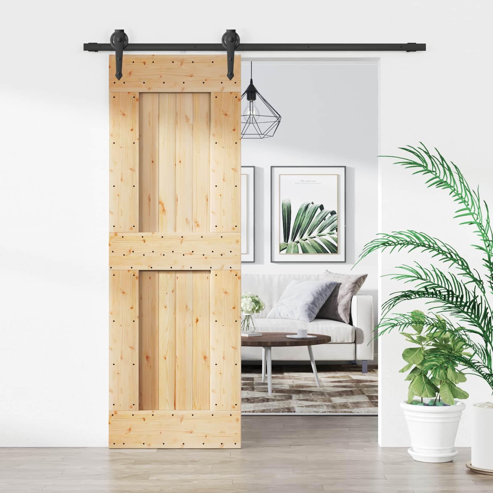 Skydedør i massivt fyrretræ 70 x 210 cm naturfarvet og sort