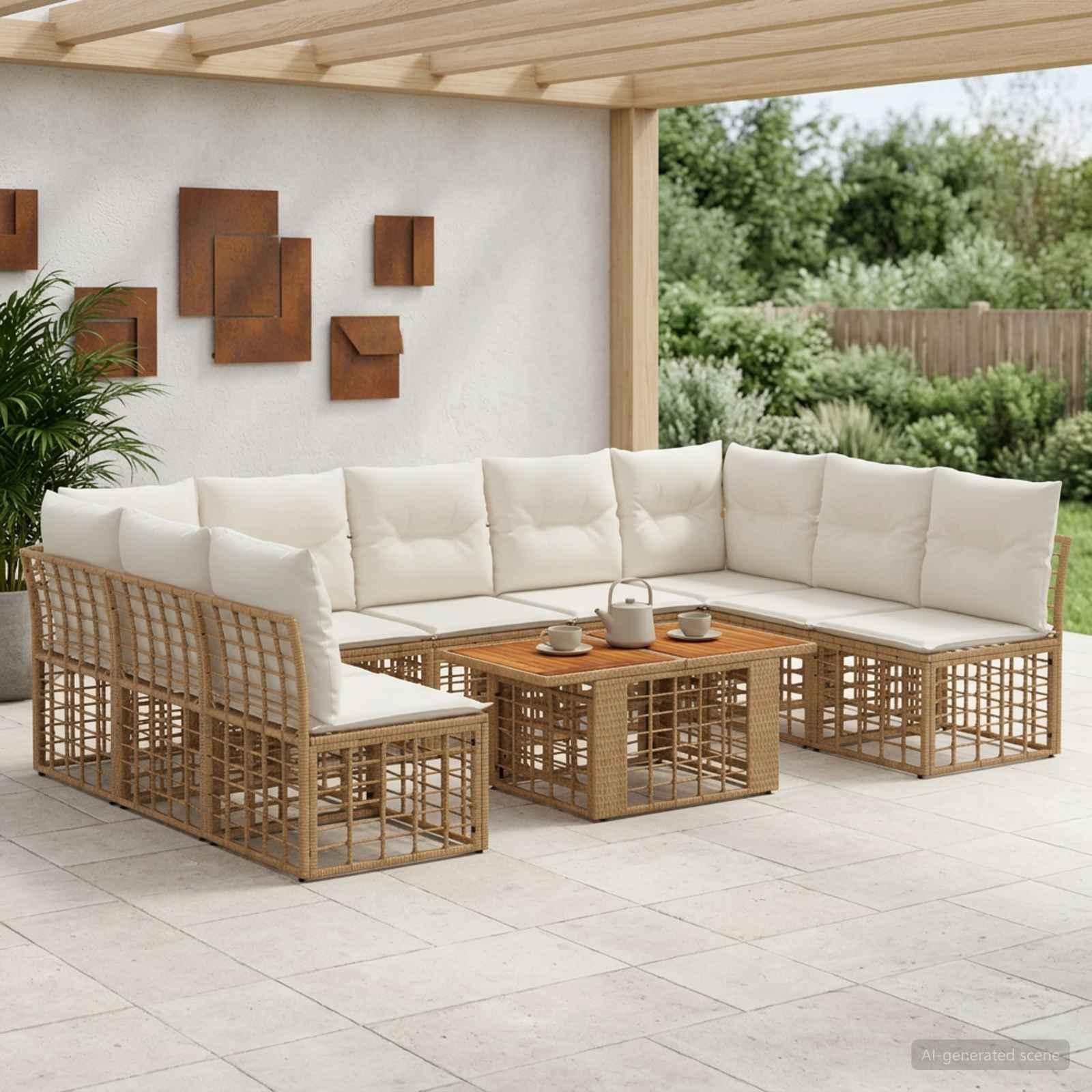 Havesofa sæt 10 stk. i polyrattan med bord - naturlig og cremehvid