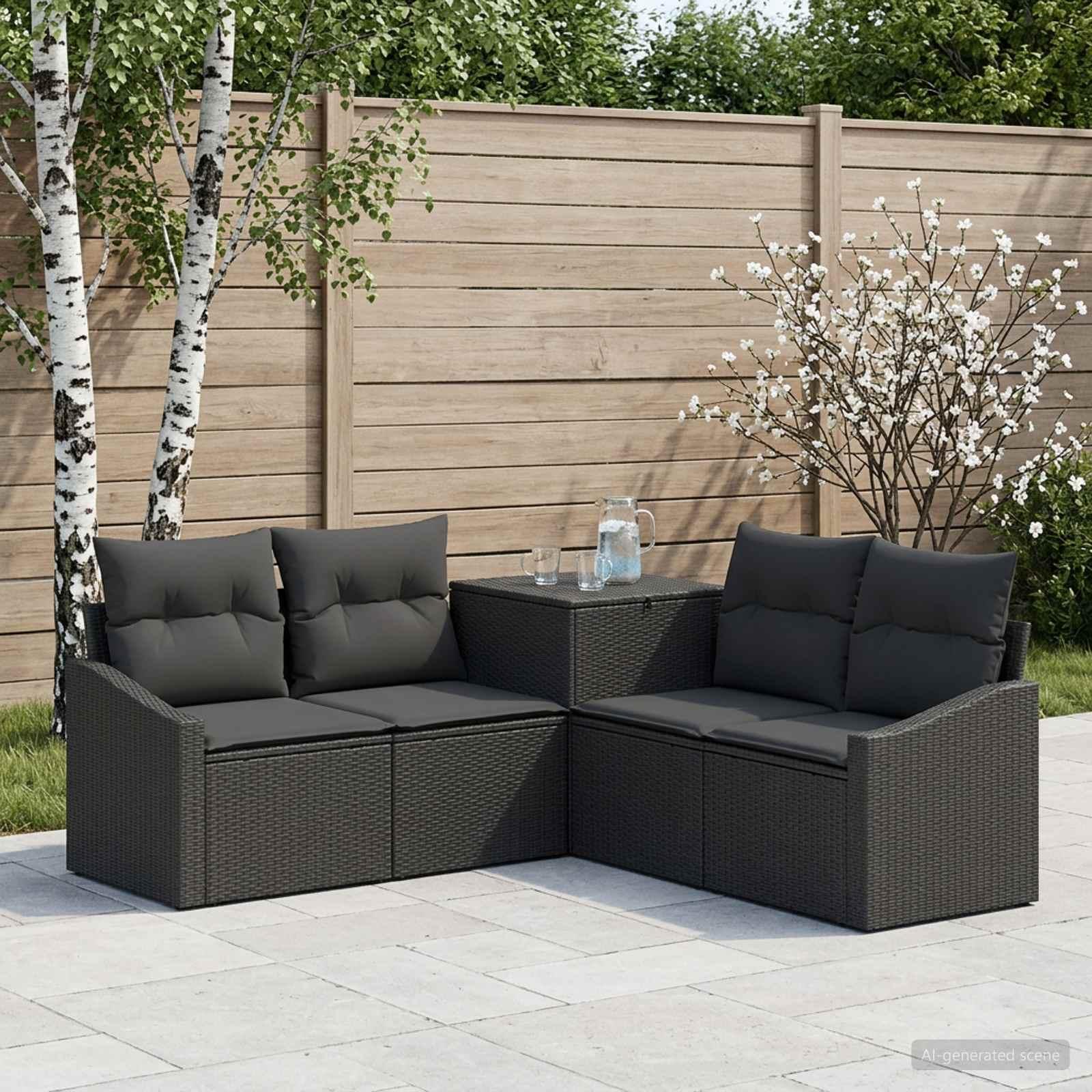 Sofa sæt 5 stk. i sort polyrattan og stål til have og terrasse