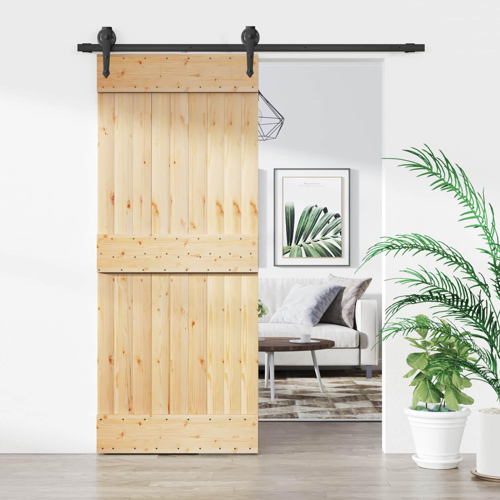 Skydedør naturfarvet og sort 85 x 210 cm i massivt fyrretræ