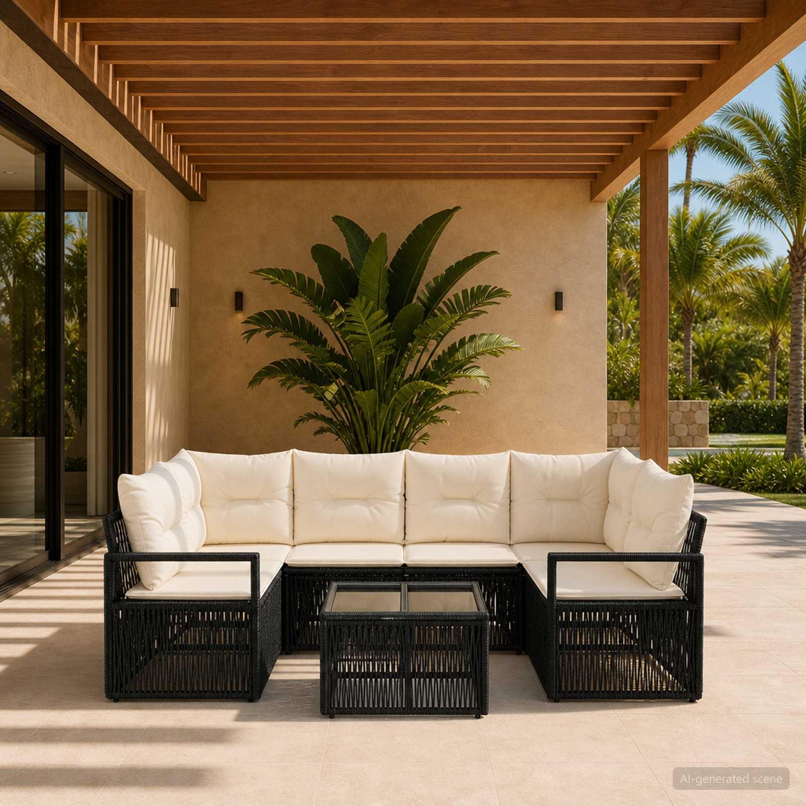 Havesofa sæt 7 stk. i sort polyrattan med bord
