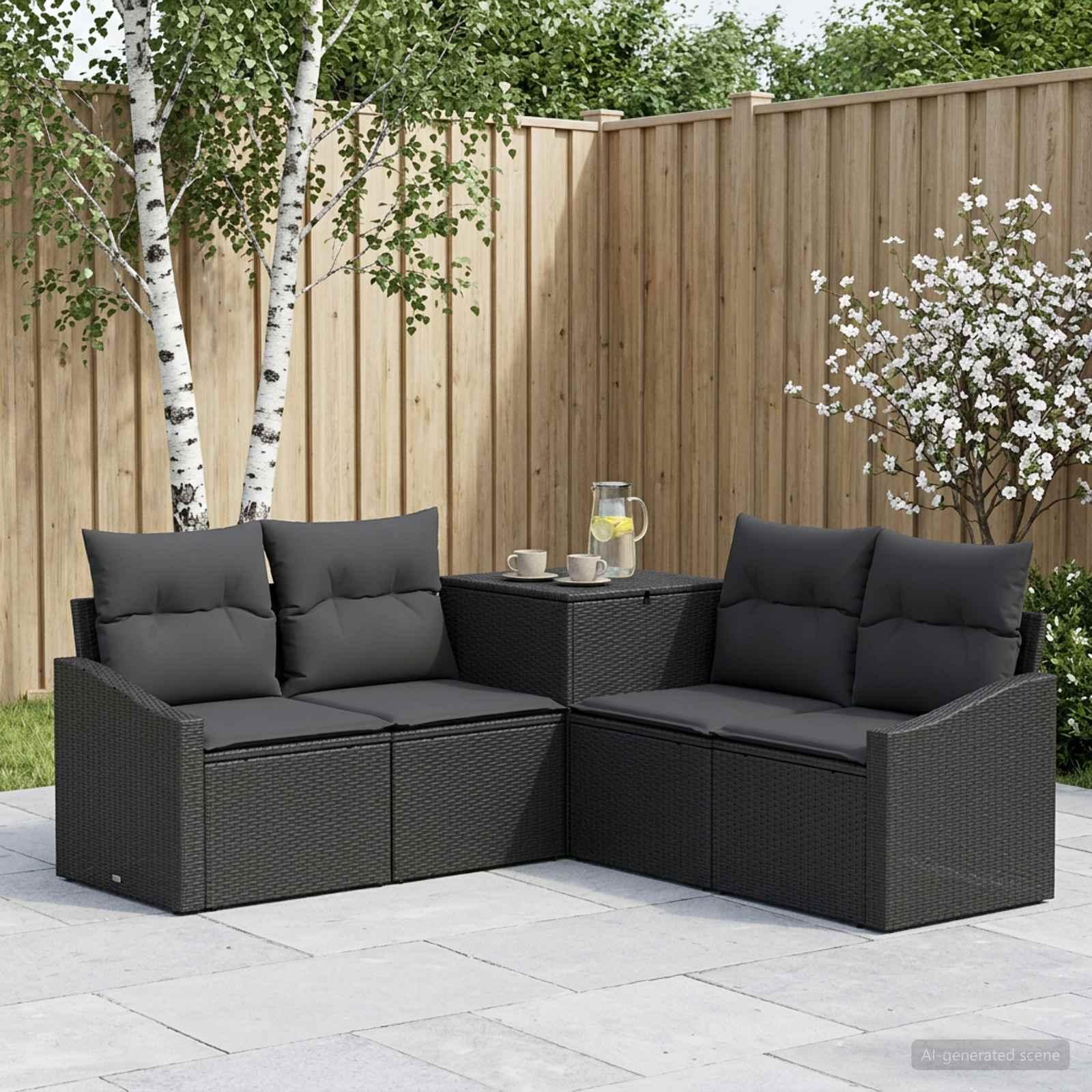 Sofa sæt 5 stk. i sort poly rattan og stål til have og terrasse