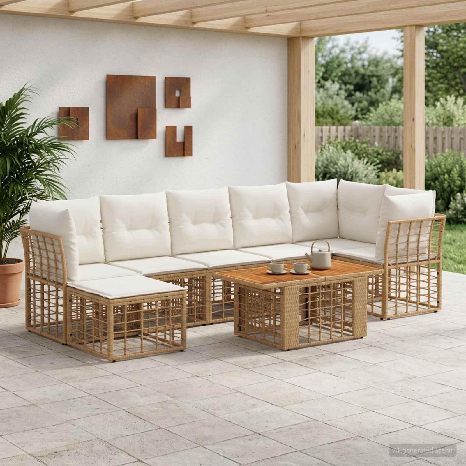 Havesofa sæt 8 stk. i polyrattan med bord - naturlig og cremehvid