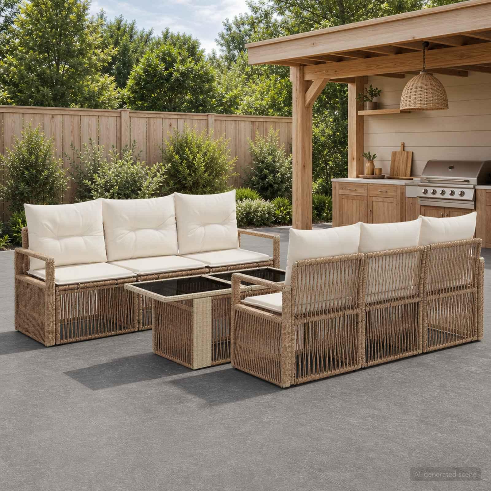 Havesofa sæt 7 dele i polyrattan - beige og cremehvid