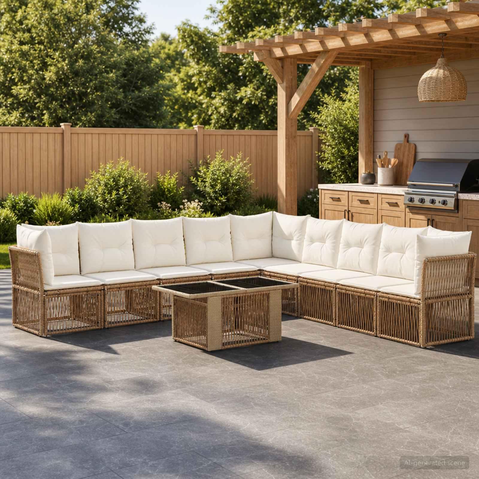 Havesofa sæt 10 stk. i beige polyrattan med bord