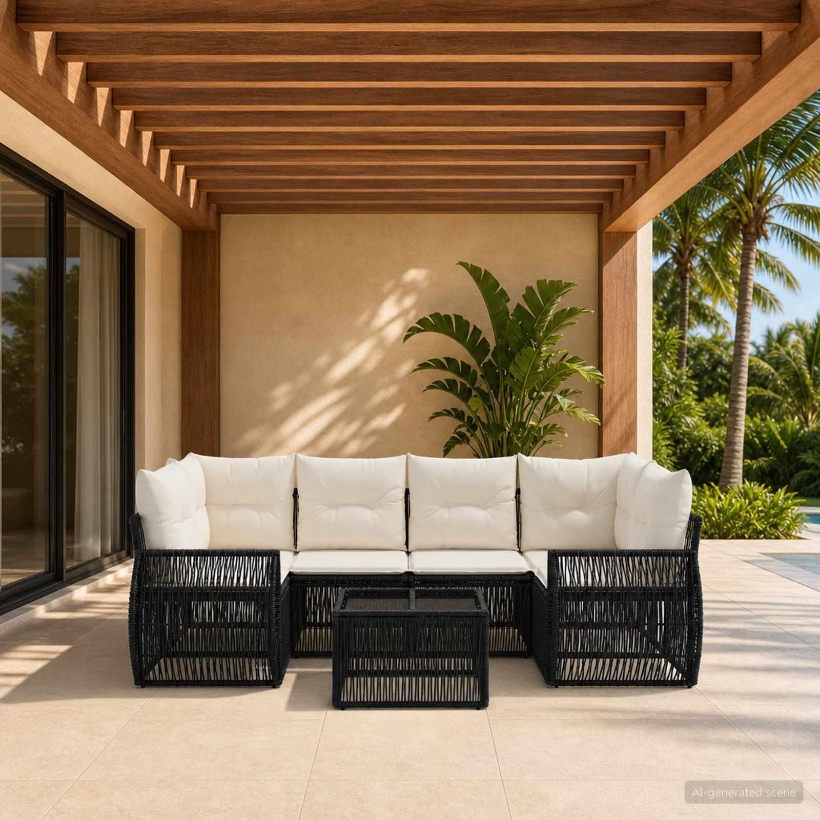 Havesofa sæt 7 stk. i sort polyrattan med bord