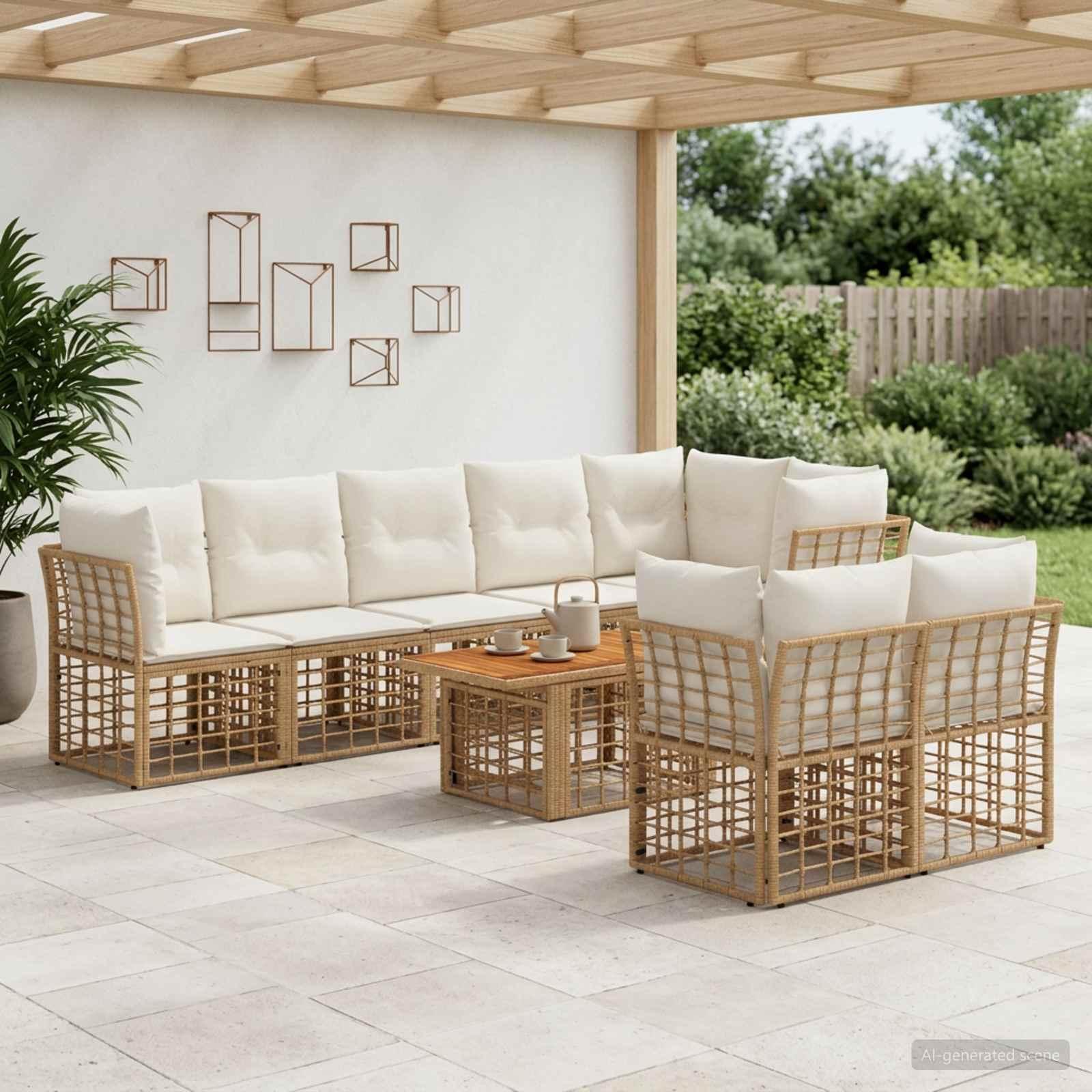 Havesofa sæt 9 stk. i polyrattan - naturlig og cremehvid