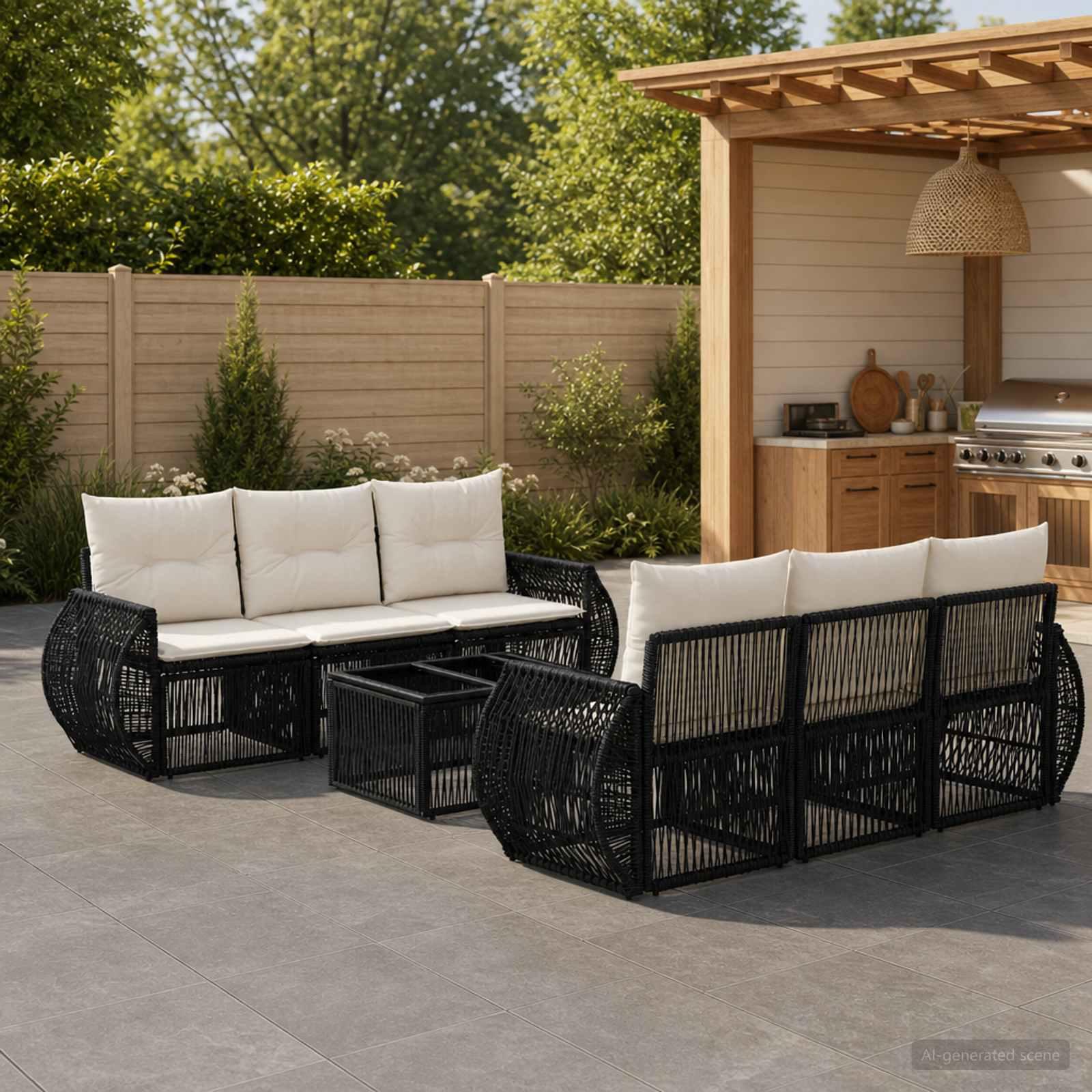 Havesofa sæt 7 stk. i sort polyrattan med puder