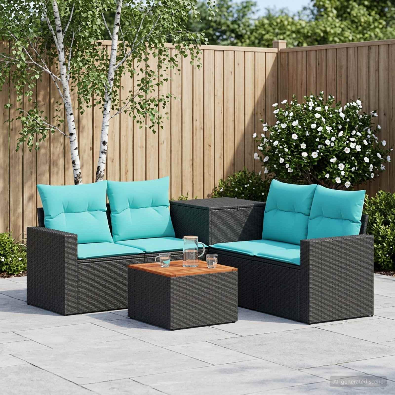 vidaXL Sofa Sæt 6 stk. Sort og Blå Poly Rattan og Stål