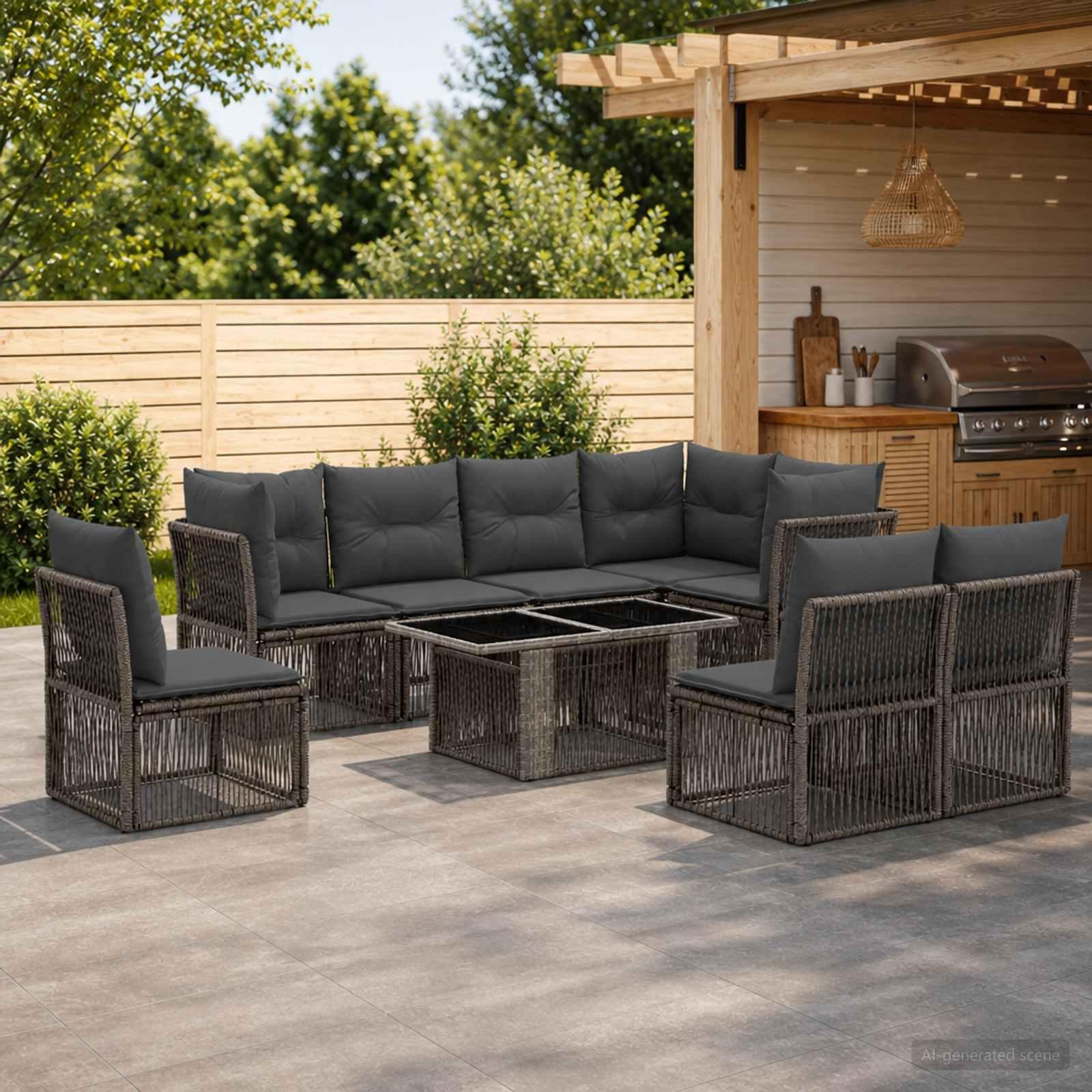 Havesofa sæt 9 dele i grå polyrattan med justerbart bord