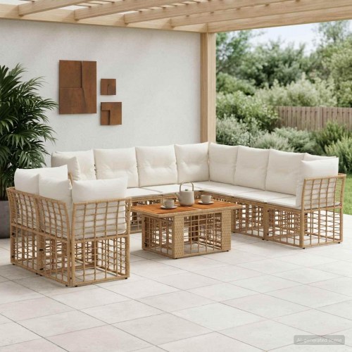 Havesofa sæt 10 stk. i polyrattan med akaciebordplade - naturlig og creme hvid