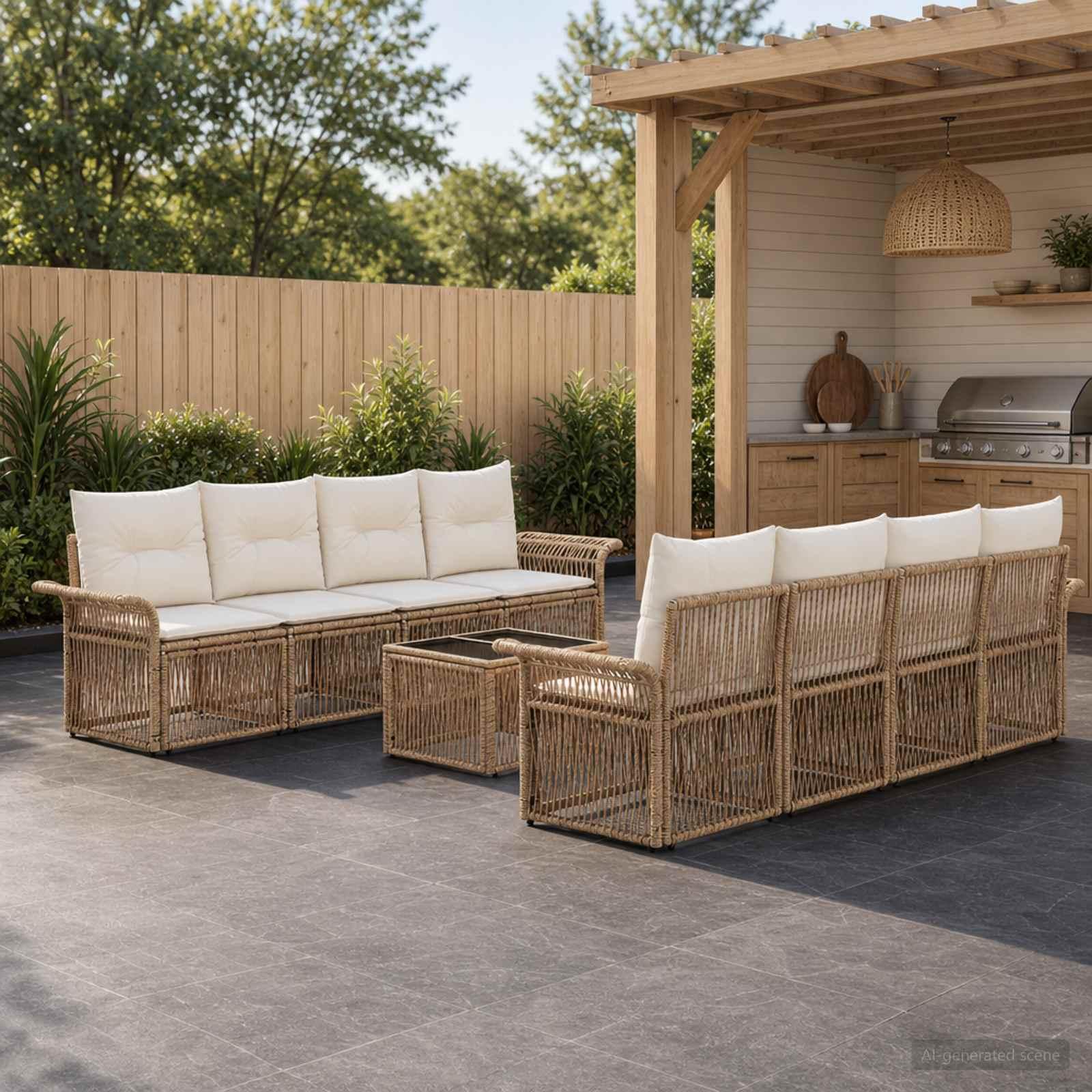 Havesofa sæt 9 stk. i beige polyrattan med puder