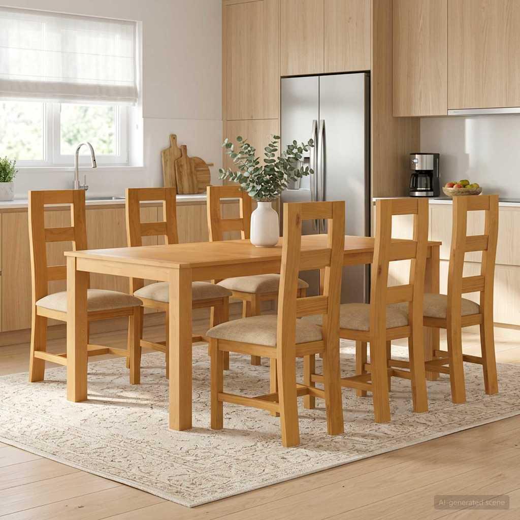 Spisestuesæt 7 stk. i massivt egetræ med 6 beige stole