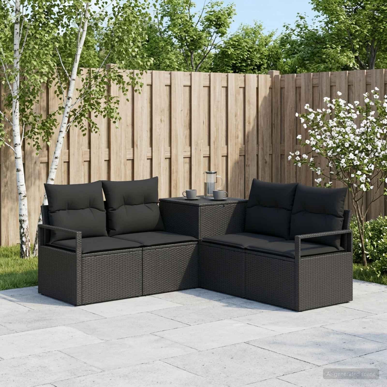 Sofa sæt 5 stk. sort poly rattan og stål til have og terrasse