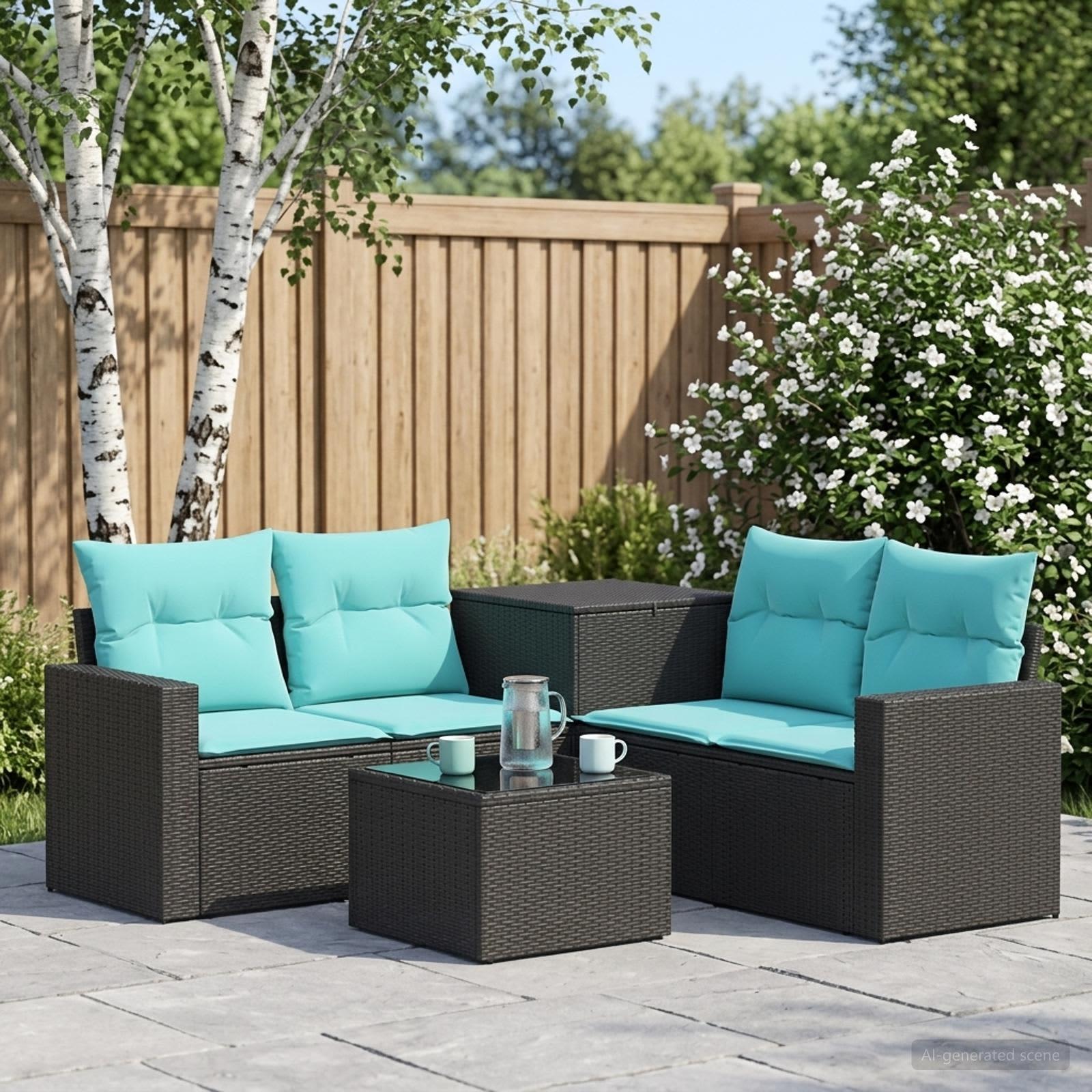 Sofa sæt 6 stk. sort og blå i poly rattan og stål