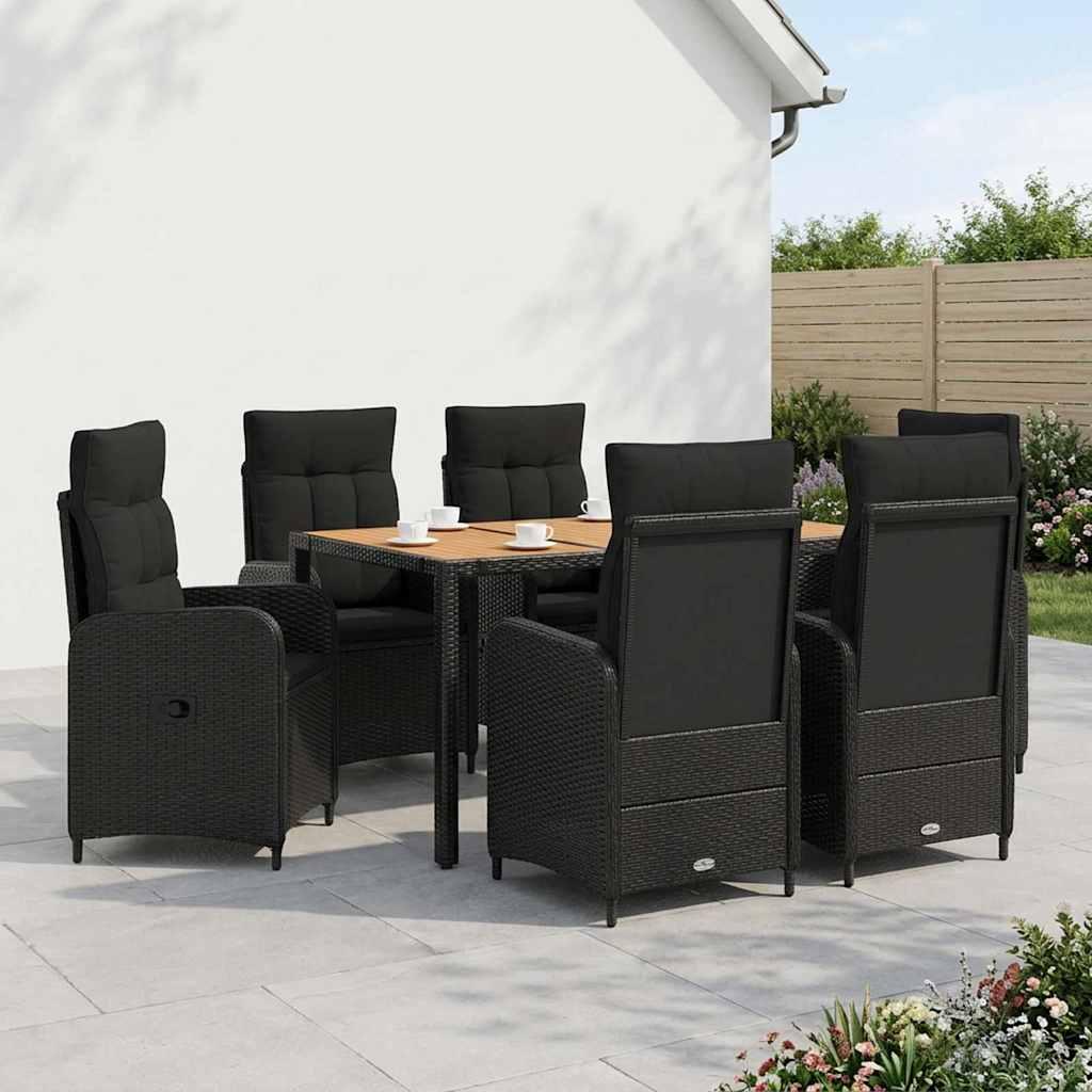 Udendørs spisegruppe 7 dele i sort PE-rattan med bord og 6 justerbare stole