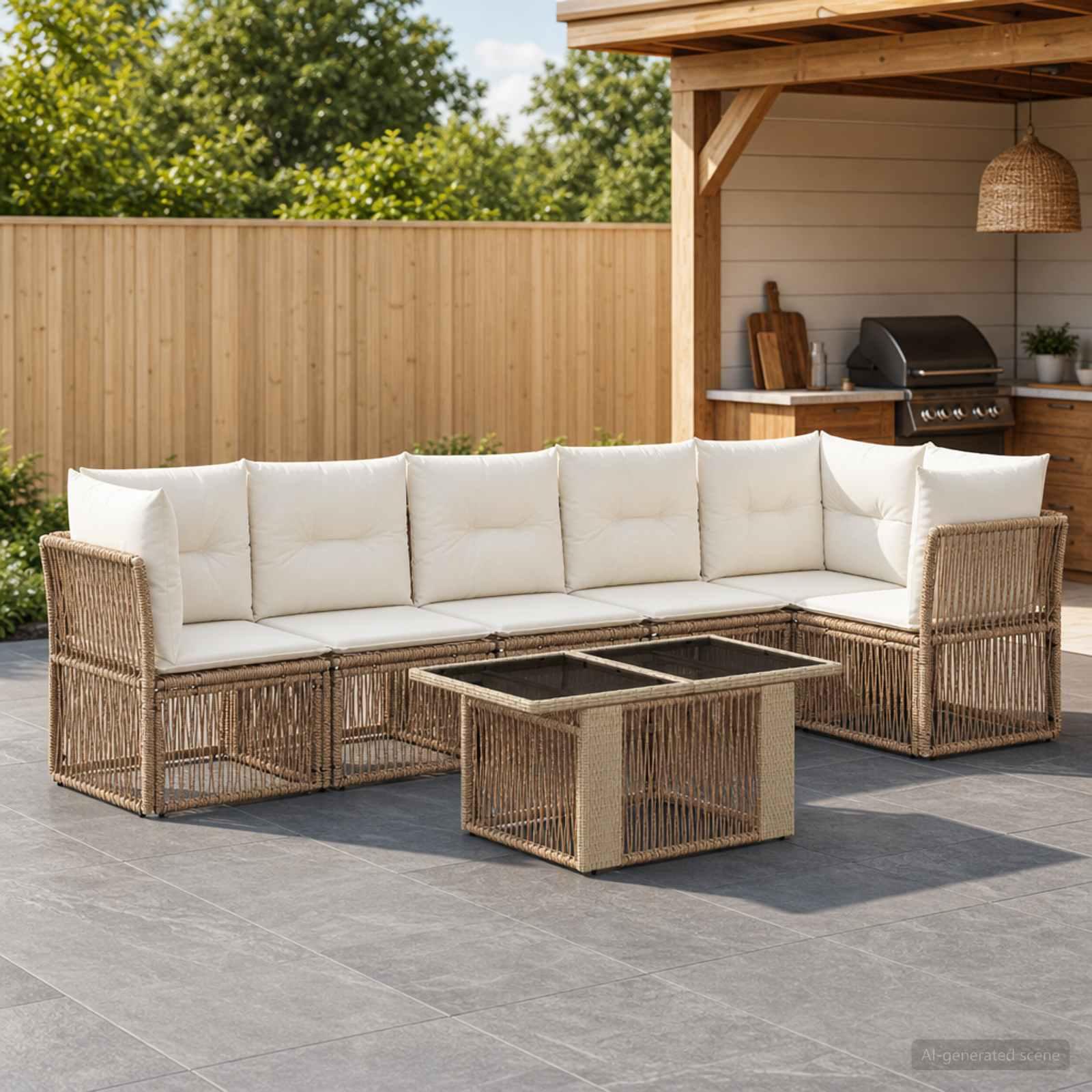 Havesofa sæt 7 stk. i beige polyrattan med højdejusterbart bord