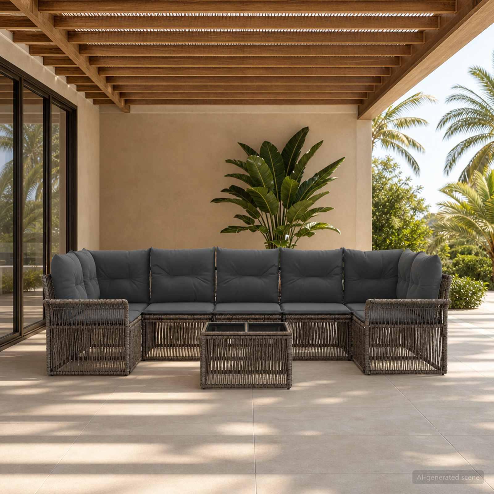 Havesofa sæt 8 stk. i grå polyrattan med glasbord