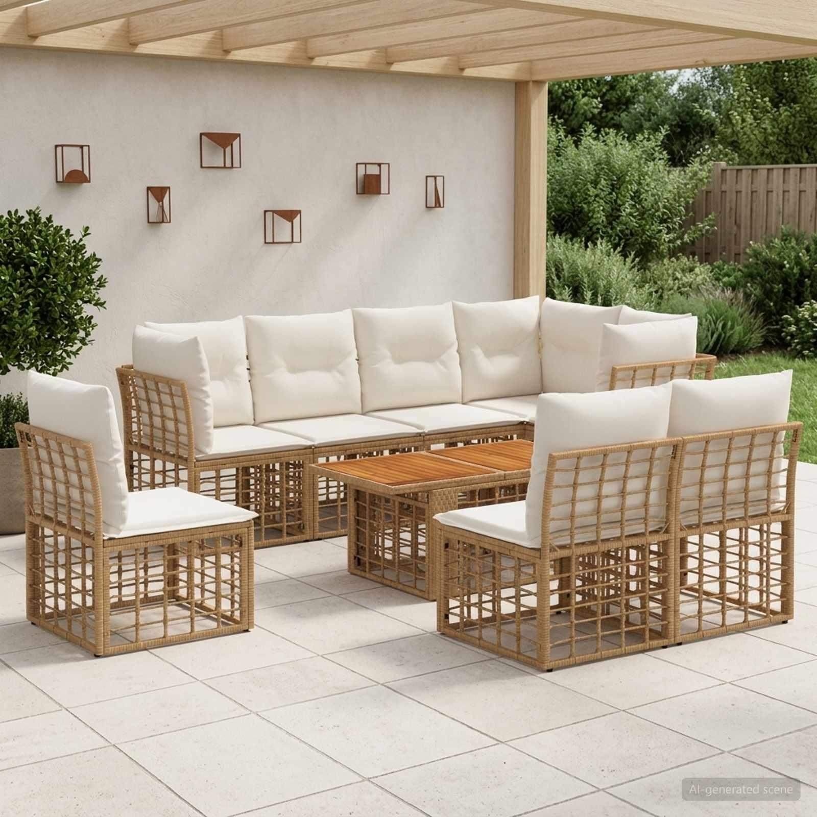 Havesofa sæt 9 stk. i polyrattan - naturlig og creme hvid
