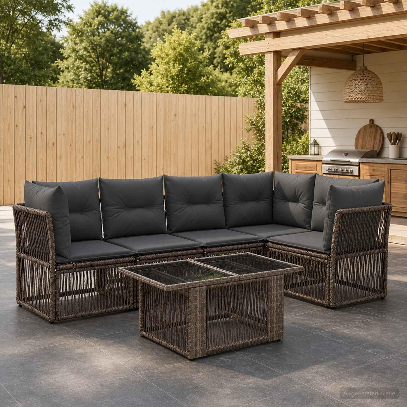 Havesofa sæt 6 stk. i grå polyrattan med bord