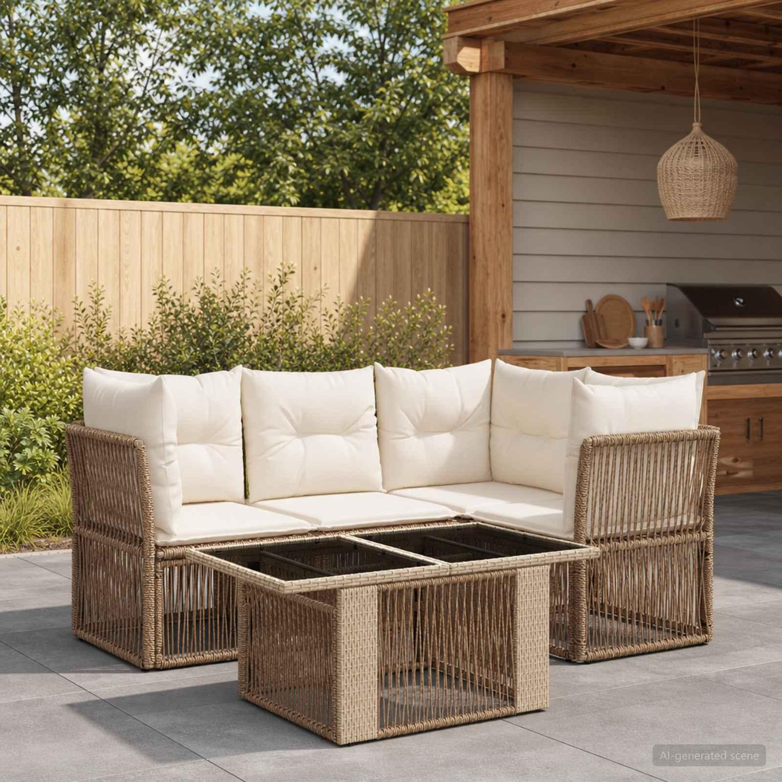 Havesofa sæt 5 stk. i beige polyrattan med bord