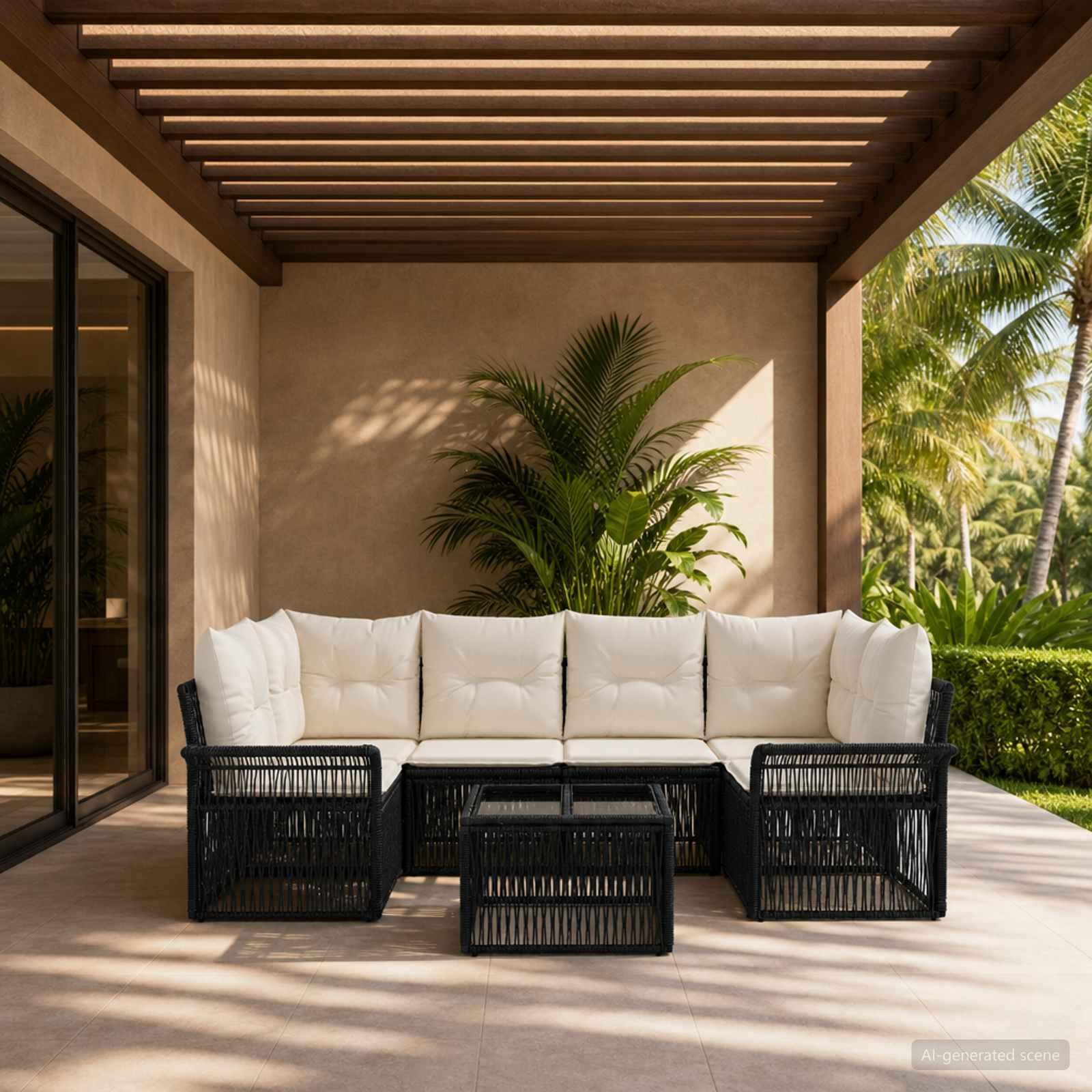 Havesofa sæt 7 stk. i sort polyrattan med puder